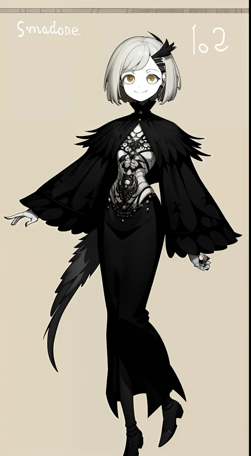 {{full body}}, Smile on your face,Has thick dark circles,Unhealthy white skin,Short gray hair{{Small hairpins}}(The figure is very skinny and bone-packed:1.5),{{Tattoo with a crow's tail pattern}}}}{{{Intricate decorative lines}}},{{{seminude}}}