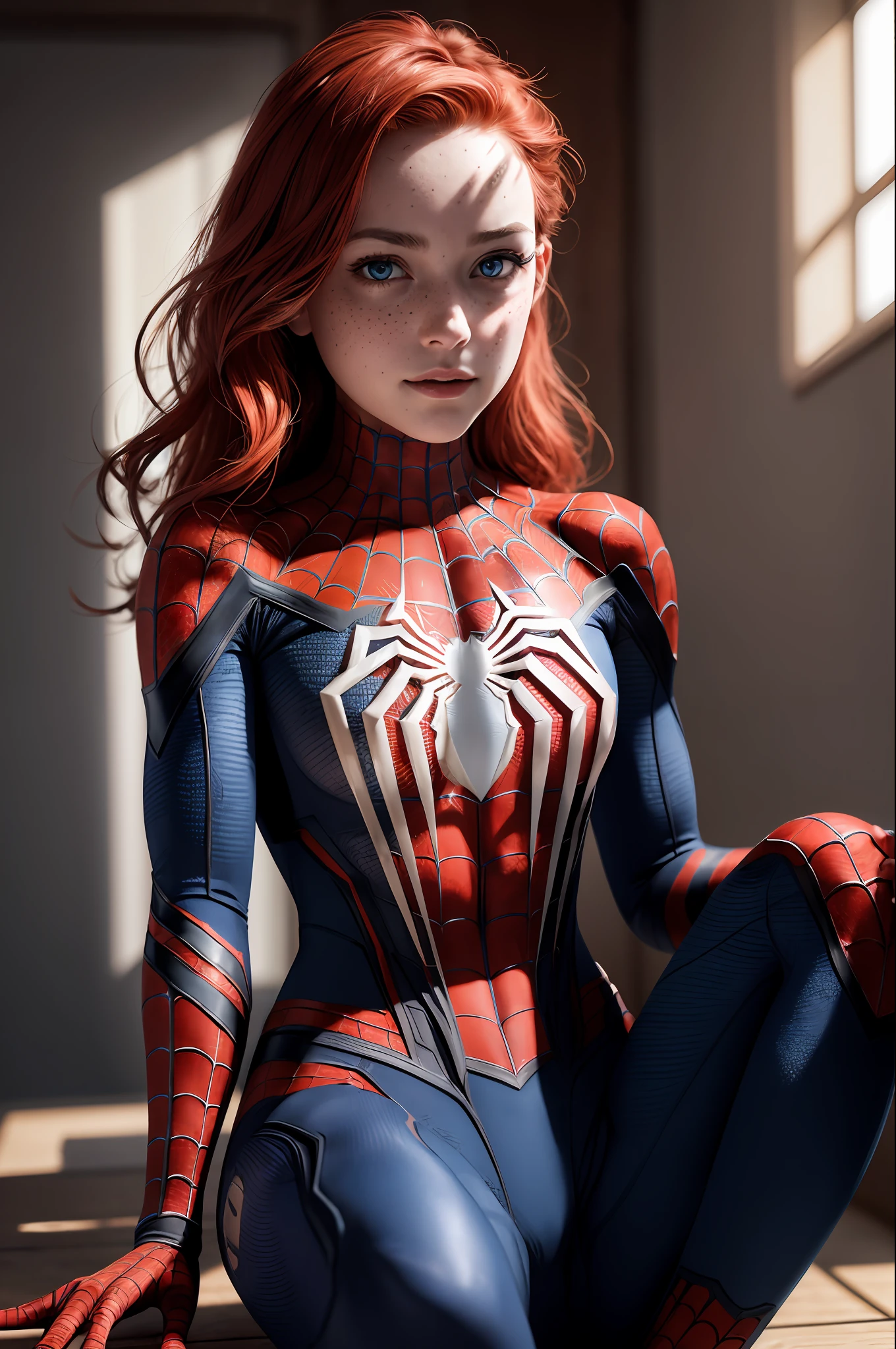 extremely detailed CG,UHD wallpaper, Extreme details,(realistic:1.2),(((best quality))), ((ultra-detailed)), (cute detailed face:1.2), {{highly detailed face}},beautiful and aesthetic,1girl,(masterpiece:1.4),glowing skin,dramatic shadows, intense shadows, SIGMA 35mm F1.4, ISO 200 Shutter Speed 2000,Photorealism,{photorealistic}, photogenic, Girl, finely detailed,HIGH RES, {{intricate detail}},(((beautiful detailed lighting))),beautiful detailed colorful eyes, best quality, 1girl, masterpiece, best quality, 8k, detailed skin texture, detailed cloth texture, cut abs, beautiful detailed face, intricate details, ultra detailed, european youth, european beauty, (Spider-Man uniform:1.2), straight red hair, (full body:1.2), freckles, dynamic pose, dynamic angle,