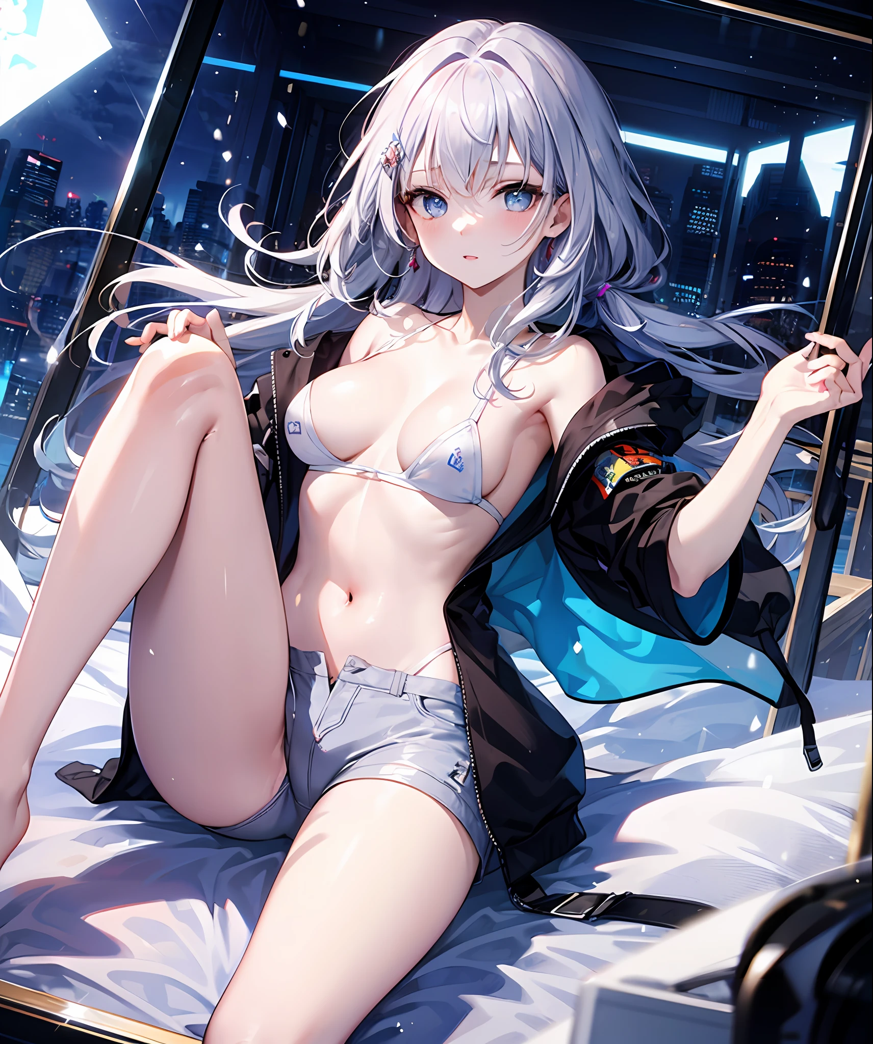 (​masterpiece、top-quality)、独奏、1womanl,the tips of the hair are blue、White skin as clear as snow,Western-style room、Bedroom、Open legs,Small breasts, Silver hair, Blue eyes, Beautiful eyes, Teen Girl, Ecstasy, charmed, be smitten with audience, Hoodie, Hoodie with open front, Naked Hoodie, cleavage, breasts visible、Erect Indian nipples、bent