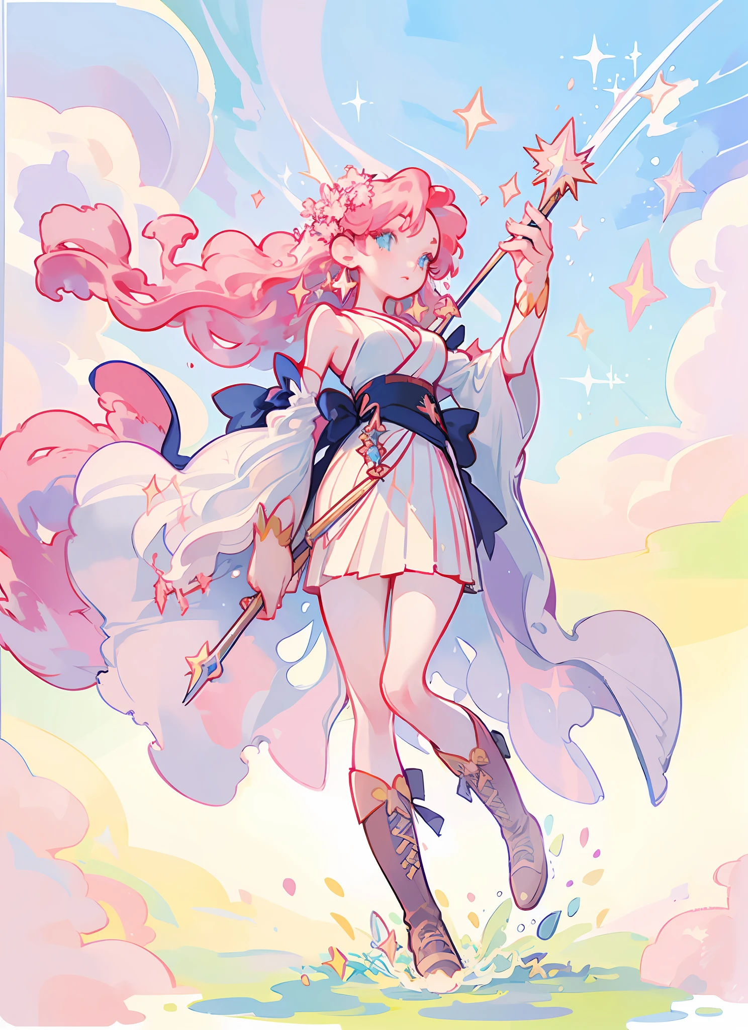 ((Magical Girl)), ((Gorgeous Starry Sky Background)), ((Super Detailed)), (Best Illustration), ((Cinematic Lighting)), Dynamic Angle, Floating, Fine, (Flash:1.2), (Sparkle:1.2), (Shine:1.2), Classic, (painting:1.1), (Sketch:1.1), (Best Quality), (Masterpiece:1.2), ( anime style), (solo), beautiful and delicate face, (cute face: 1.3), (big eyes: 1.3), colored hair, (long hair: 1.2), (flowing hair: 1.2), (magical girlhood), detail outfit, (sparkling wand: 1.3), (magic effect: 1.3), (flowing skirt: 1.2), (cute boots: 1.1), (transparent fabric: 1.1), (flash: 1.2), (glowing 1.2), (radiance: 1.2), (flash: 1.2), (flash: 1.2), (flash: 1.2), (dazzle: 1.2) (Very detailed 8k wallpaper) complex, high detail, dramatic, 8k, ((masterpiece, super detailed, complex detail, medium quality, illustration)), 1girl, solo, high resolution, street, cherry tree, petals falling, sunlight through), (extremely detailed CG, super fine, Best shadows: 1.1), ((Depth of field)), ((Watercolor)), (Kimono: 1.3), Big breasts, bare shoulders, flowers and petals, Beautiful concept illustration, (Illustration: 1.1), (Extreme beauty: 1.1), (Perfect detail: 1.1), --v 6