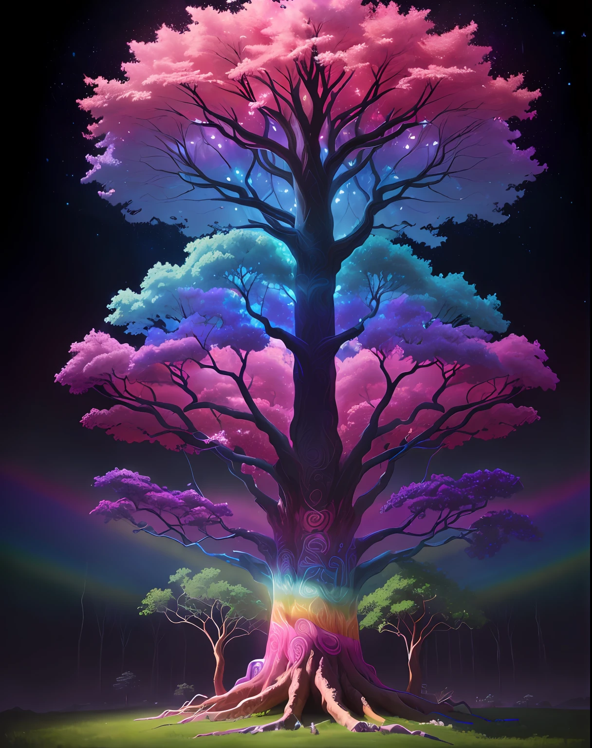 a painting of a tree with a rainbow colored sky in the background, the tree of life, cosmic tree of life, magical tree, tree of life seed of doubt, fantasy tree, tree of life, the world tree, cosmic tree, magic tree, magical colors and atmosphere, colorful concept art, world tree, yggdrasil, beautiful art uhd 4 k