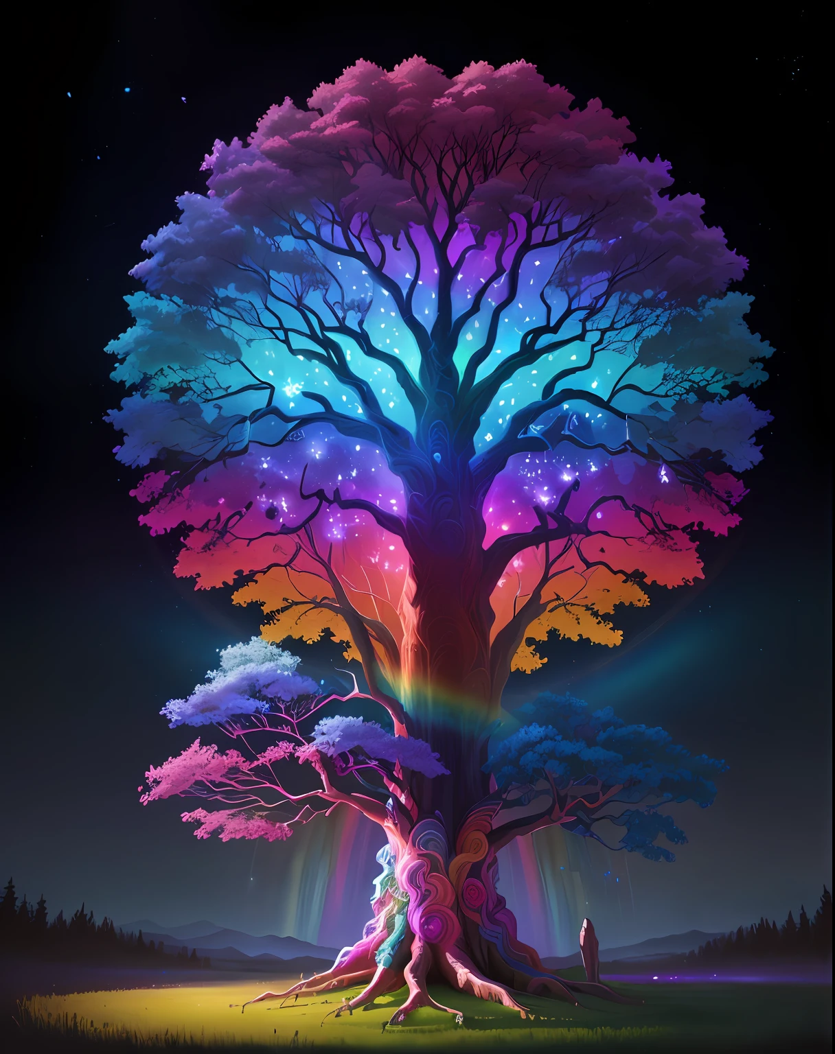 a painting of a tree with a rainbow colored sky in the background, the tree of life, cosmic tree of life, magical tree, tree of life seed of doubt, fantasy tree, tree of life, the world tree, cosmic tree, magic tree, magical colors and atmosphere, colorful concept art, world tree, yggdrasil, beautiful art uhd 4 k