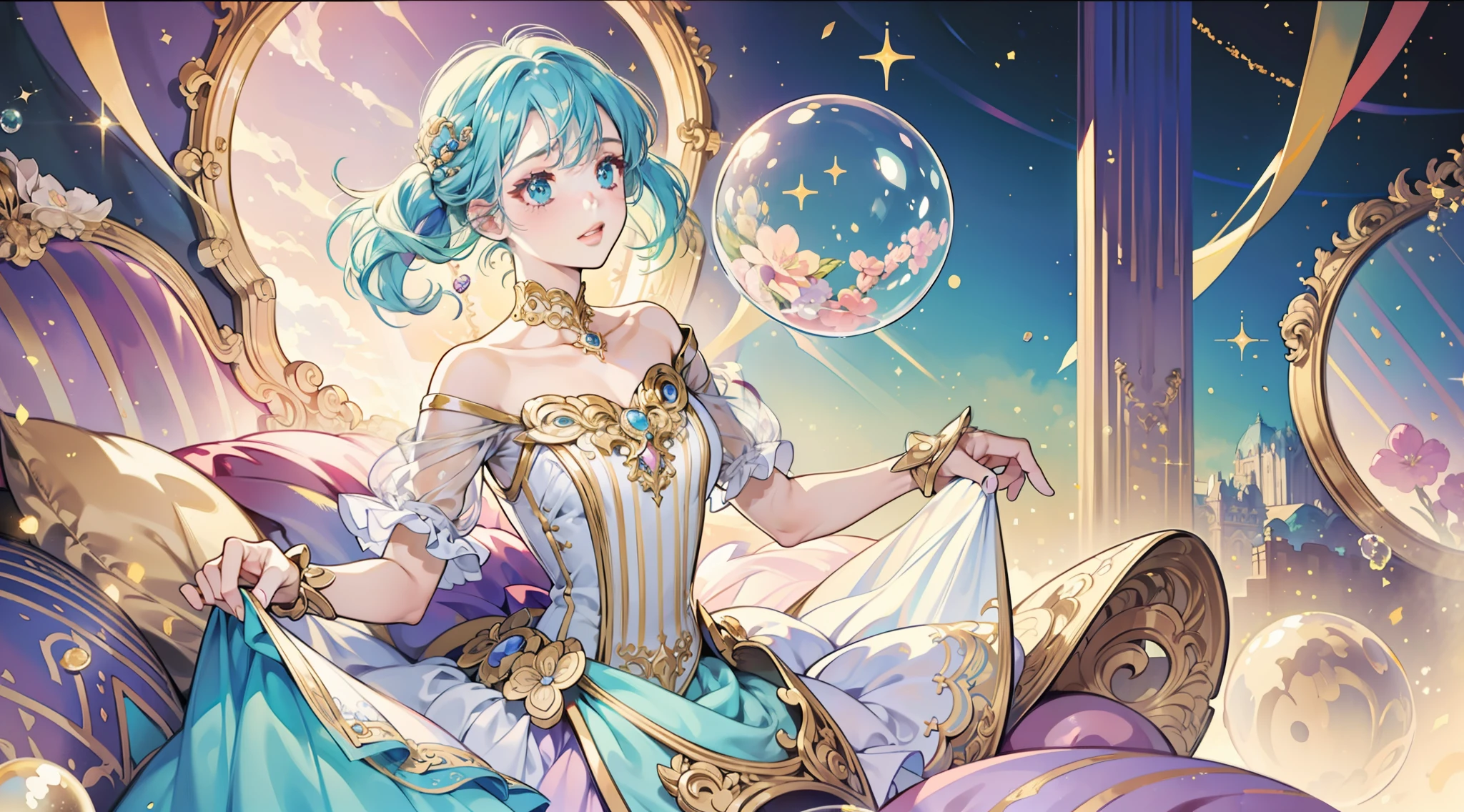 masterpiece, best quality, 8k resolution, sharp focus, intricate detail, beautiful girl, sparkling eyes, golden ratio face, otherworldly liquid, watercolor, ((pastel colors)), bright colors, whimsical, colorful, sharp focus, high resolution, fine detail, ((layered ballgown)), iridescent bubbles