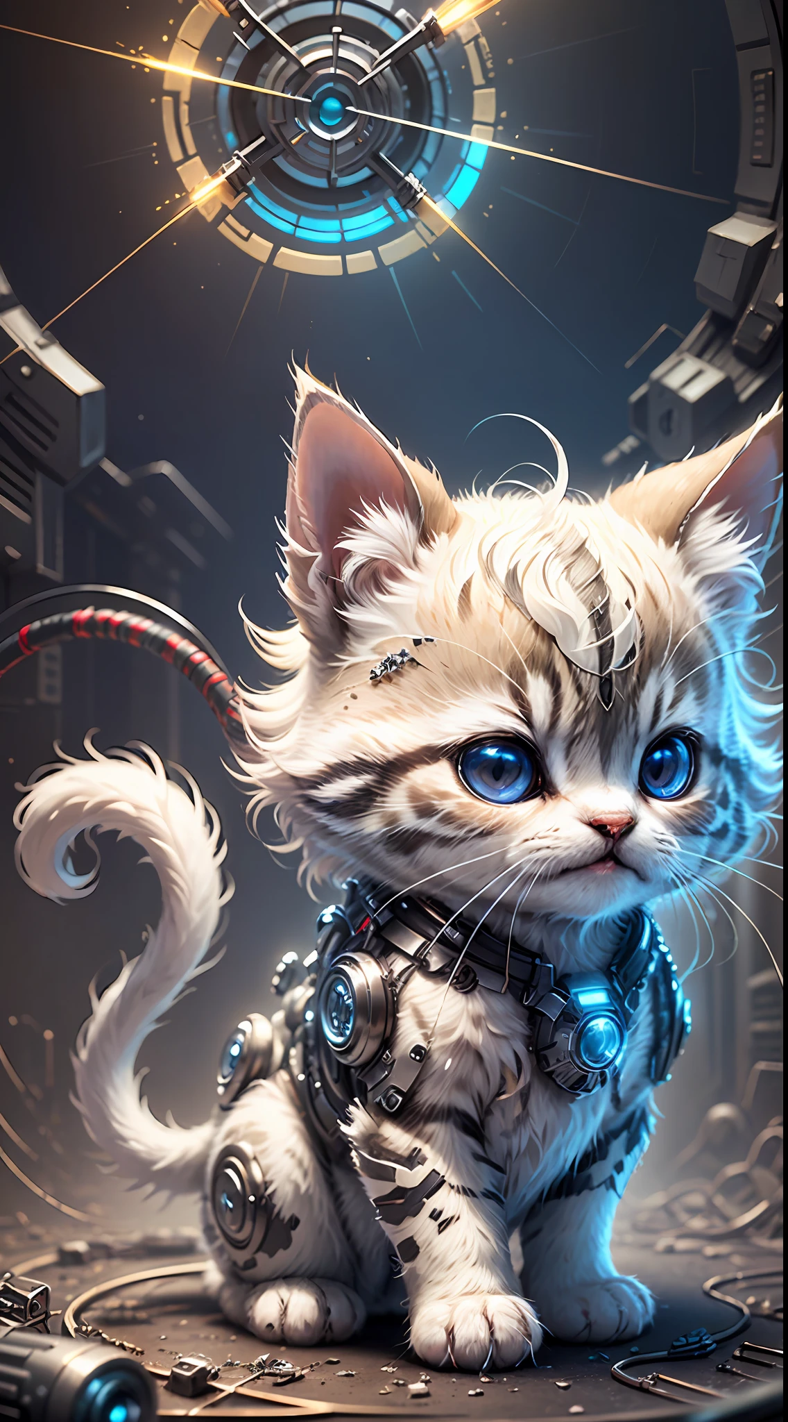 A cute metallic white fur kitten，(Cyborg:1.1)，([Tail|detailed wire]:1.3)，(complexdetails)，hdr，(complexdetails，ultra - detailed:1.2)，Cinema lenses，Halo shadow，at centre，White-haired kitten！！！，red colour，ssmile，Funny，crystal，brightly，shaggy，Floating in mid-air，Bling background