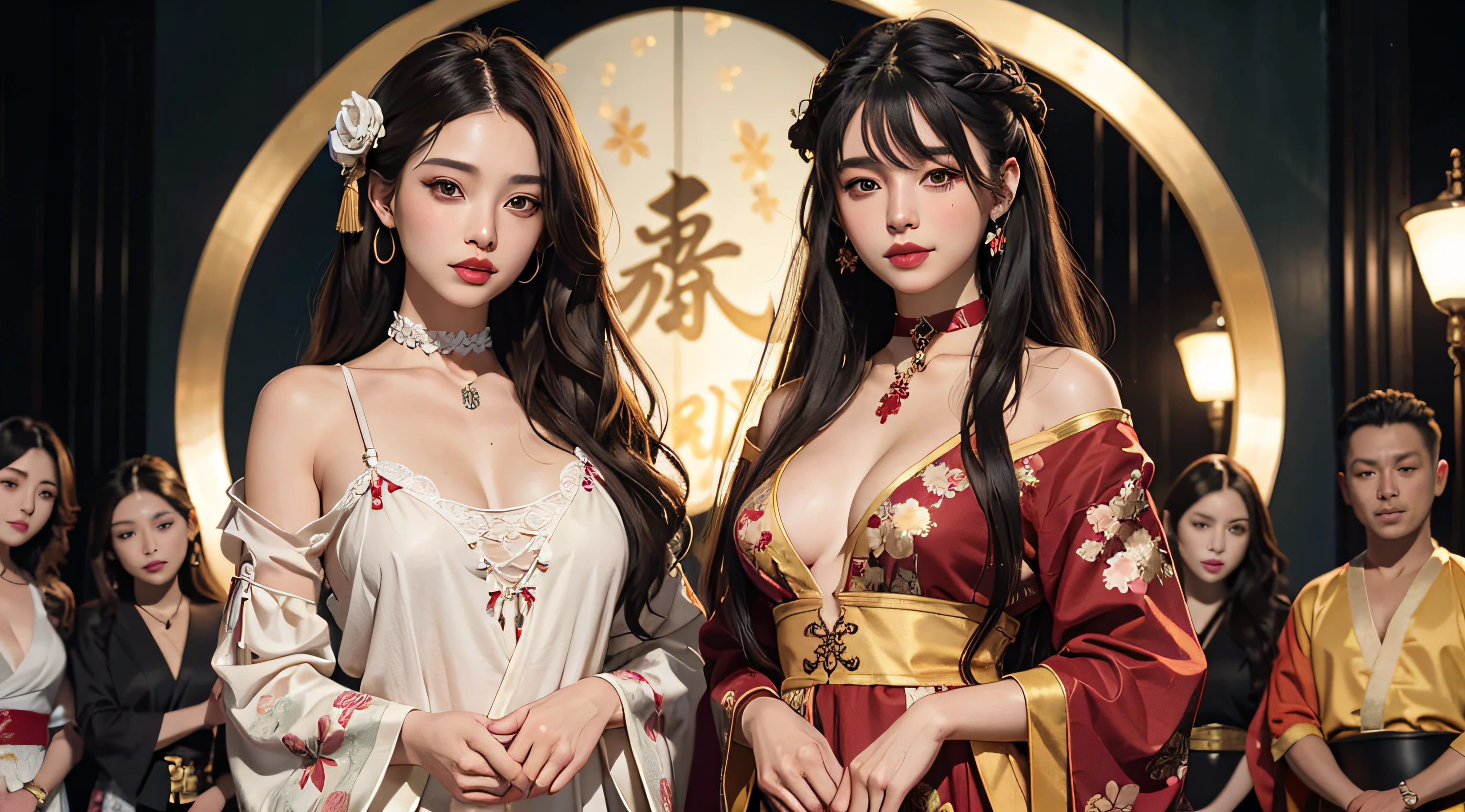 1female,huge tit,brunette color hair,ssmile,(Hanfu),Hanfu,(Open your clothes),Redlip,耳Nipple Ring,florals,hair adornments,jewelry,long whitr hair,Look at the audience,choker necklace,Portrait,ssmile,独奏,A half body,(Shiny skin), (tmasterpiece:1.4),(best qualtiy:1.4)