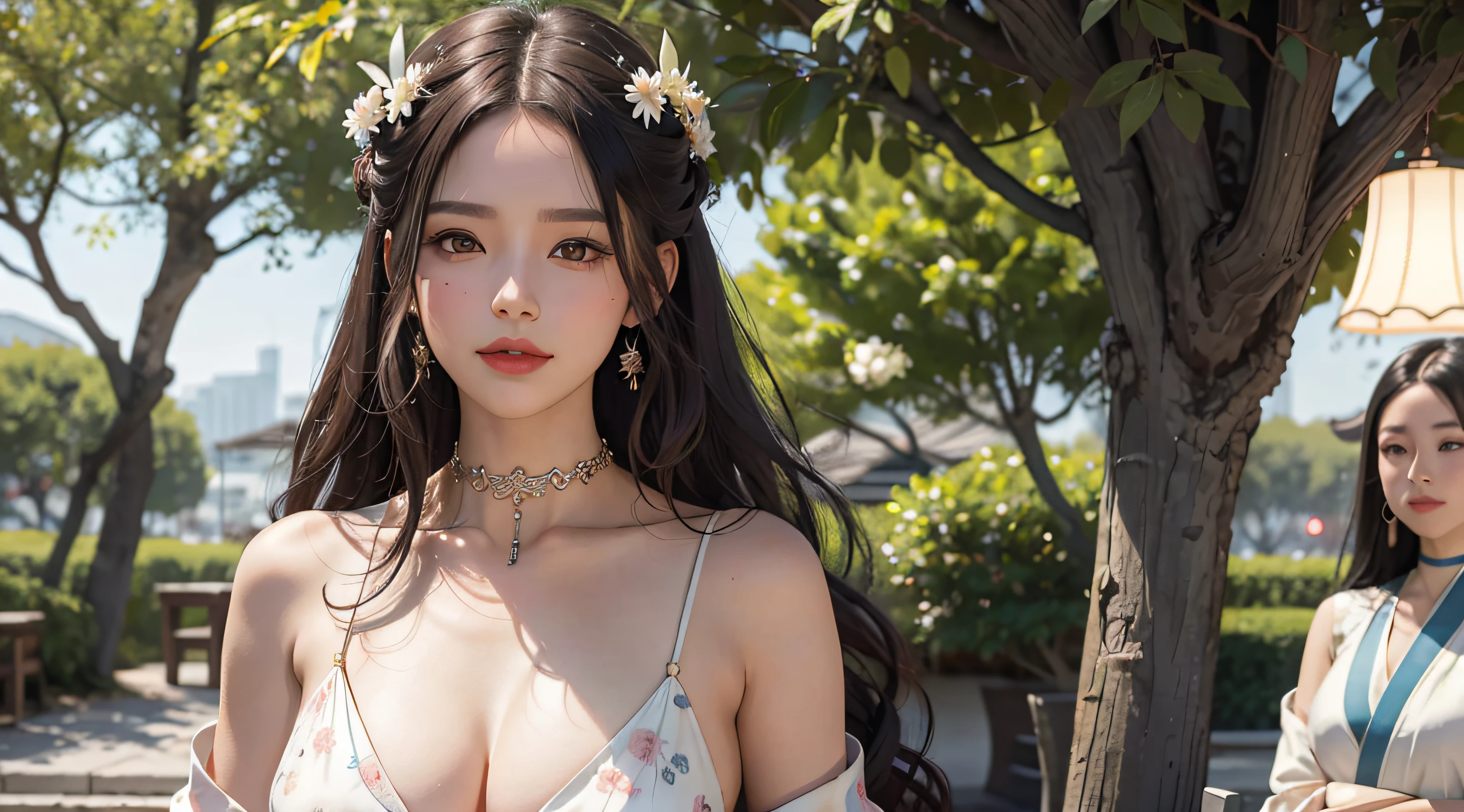 1female,huge tit,brunette color hair,ssmile,(Hanfu),Hanfu,(Open your clothes),Redlip,耳Nipple Ring,florals,hair adornments,jewelry,long whitr hair,Look at the audience,choker necklace,Portrait,ssmile,独奏,A half body,(Shiny skin), (tmasterpiece:1.4),(best qualtiy:1.4)