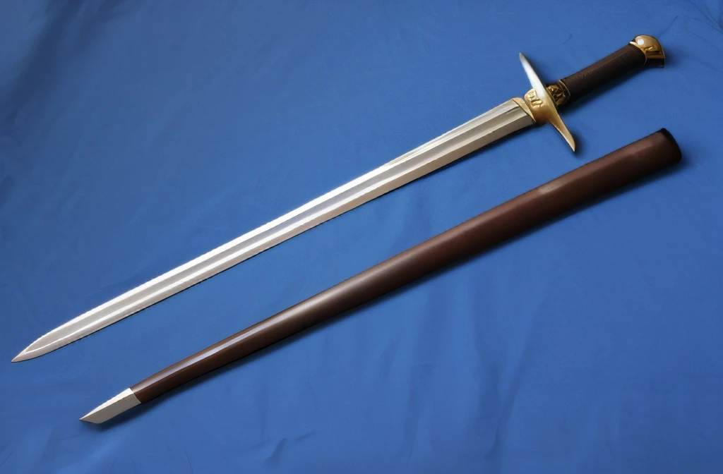There are two swords on a blue cloth with a wooden handle, Basic steel sword, two - handed sword, Espada medieval, Espada longa, espada grande, Espada Ligtt, Espada larga, espada longa, Broadespada, uma espada larga, espada grande, espada de coldre, espada, arma medieval, steel sword, espada enorme, espada bonita, huge oversized sword, espada jiang