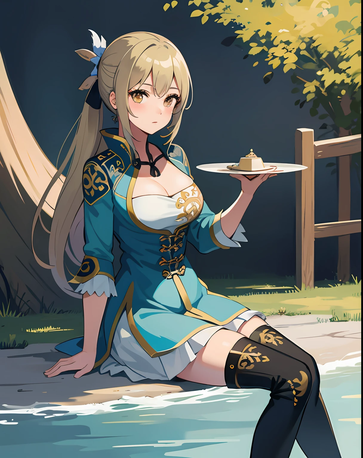 best quality, (masterpiece:1.2), illustration, absurdres,
(1girl, solo), (beautiful detailed girl), (cute:0.4), 
Wang Yuanji, blonde hair, ponytail, brown eyes, large breasts, 
aqua dress, ornate dress, cleavage, aqua skirt, black thigh boots, thighhigh boots, high heels,
blush, looking at viewer, 
(chinese architecture background), 
sitting, cowboy shot, full body,