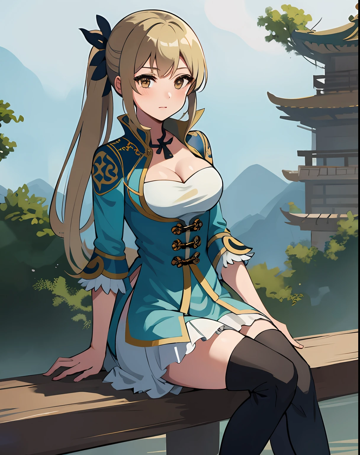 best quality, (masterpiece:1.2), illustration, absurdres,
(1girl, solo), (beautiful detailed girl), (cute:0.4), 
Wang Yuanji, blonde hair, ponytail, brown eyes, large breasts, 
aqua dress, ornate dress, cleavage, aqua skirt, black thigh boots, thighhigh boots, high heels,
blush, looking at viewer, 
(chinese architecture background), 
sitting, cowboy shot, full body,