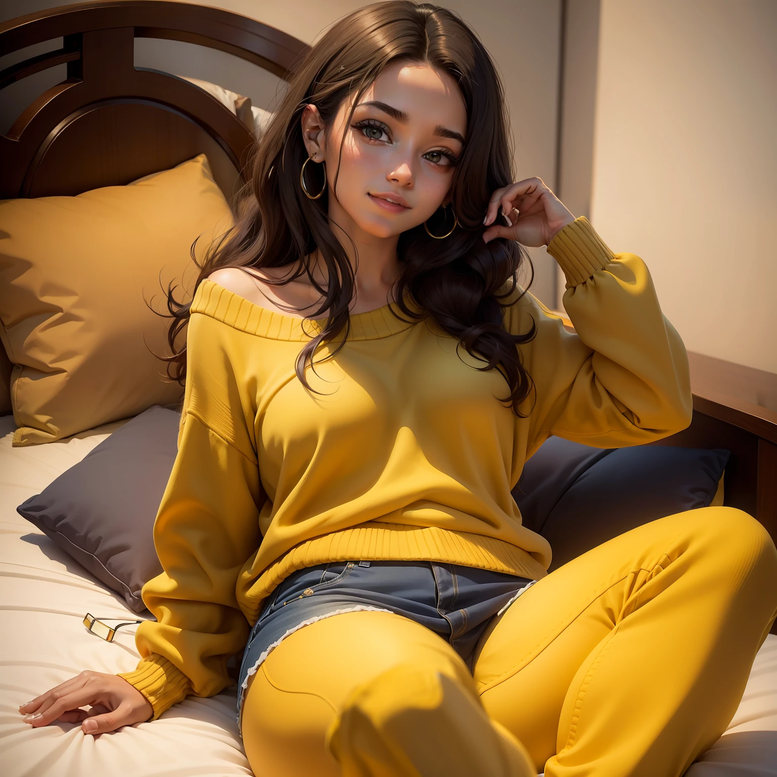 crie uma imagem realista de uma influenciadora digital chamada Sarah. She's a beautiful 23-year-old, possui pele morena parda, and is wearing a yellow and sexy sweater. The image should depict her sitting on the bed, with a beautiful friendly and friendly smile. Her appearance is that of a confident and attractive woman, com um peso de aproximadamente 80 quilos e uma pele lisa e bonita.