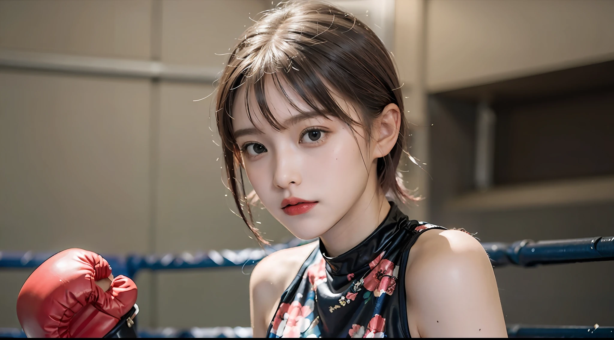 Best Quality, boxer, (Photorealsitic:2), 超A high resolution, Highly detailed, A hyper-realistic, 1girl in, ((Red Head Guard
)), (Boxing gloves), Floral pattern,  colourfull_head_hair、(((very_short_head_hair))), Short hair, Slim body, Full Shot, Looking at Viewer, ((Boxing rings)),  Bright atmosphere, spot light, Detailed background