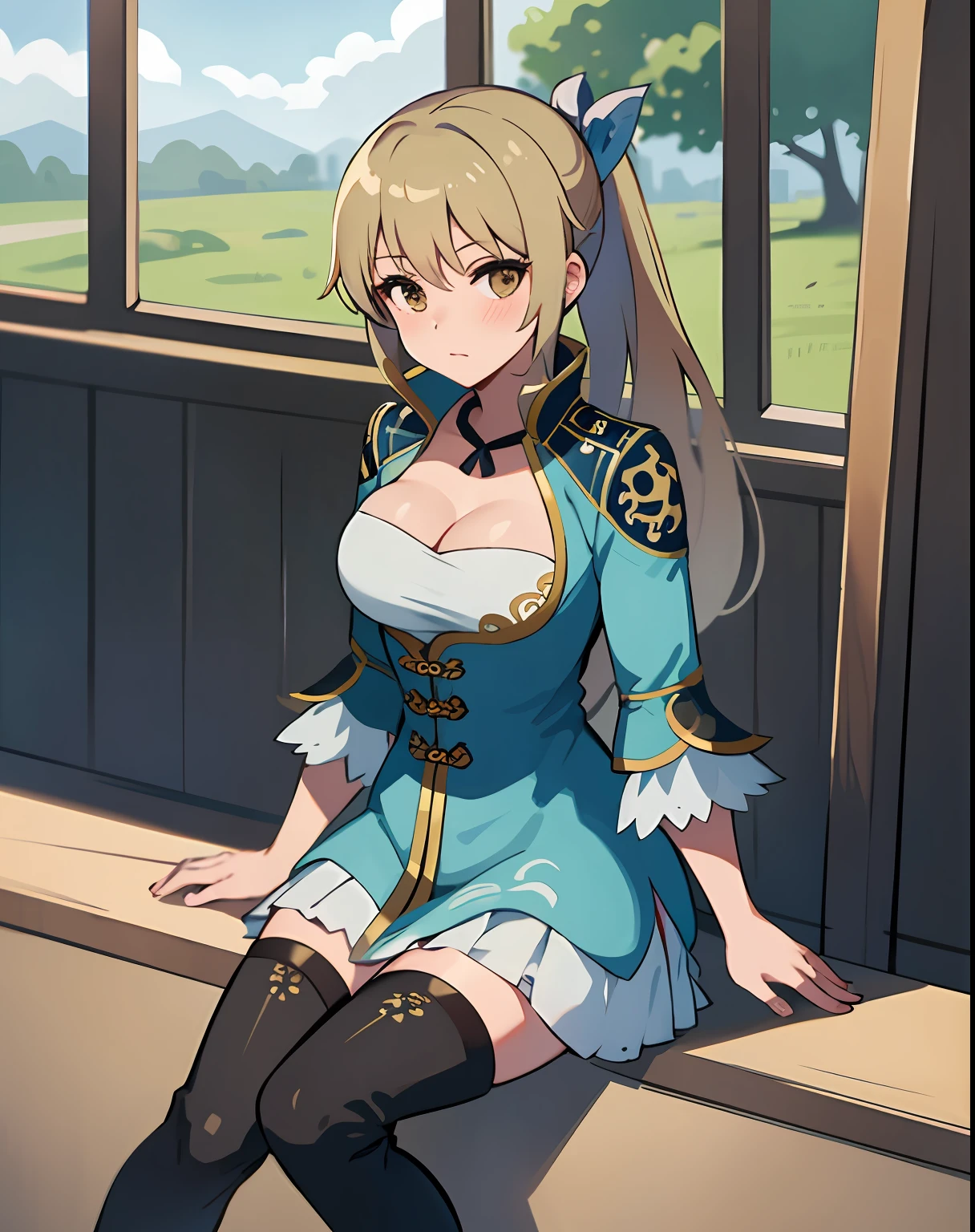 best quality, (masterpiece:1.2), illustration, absurdres,
(1girl, solo), (beautiful detailed girl), (cute:0.4), 
Wang Yuanji, blonde hair, ponytail, brown eyes, large breasts, 
aqua dress, ornate dress, cleavage, aqua skirt, black thigh boots, thighhigh boots, high heels,
blush, looking at viewer, 
(chinese architecture background), 
sitting, cowboy shot, full body,