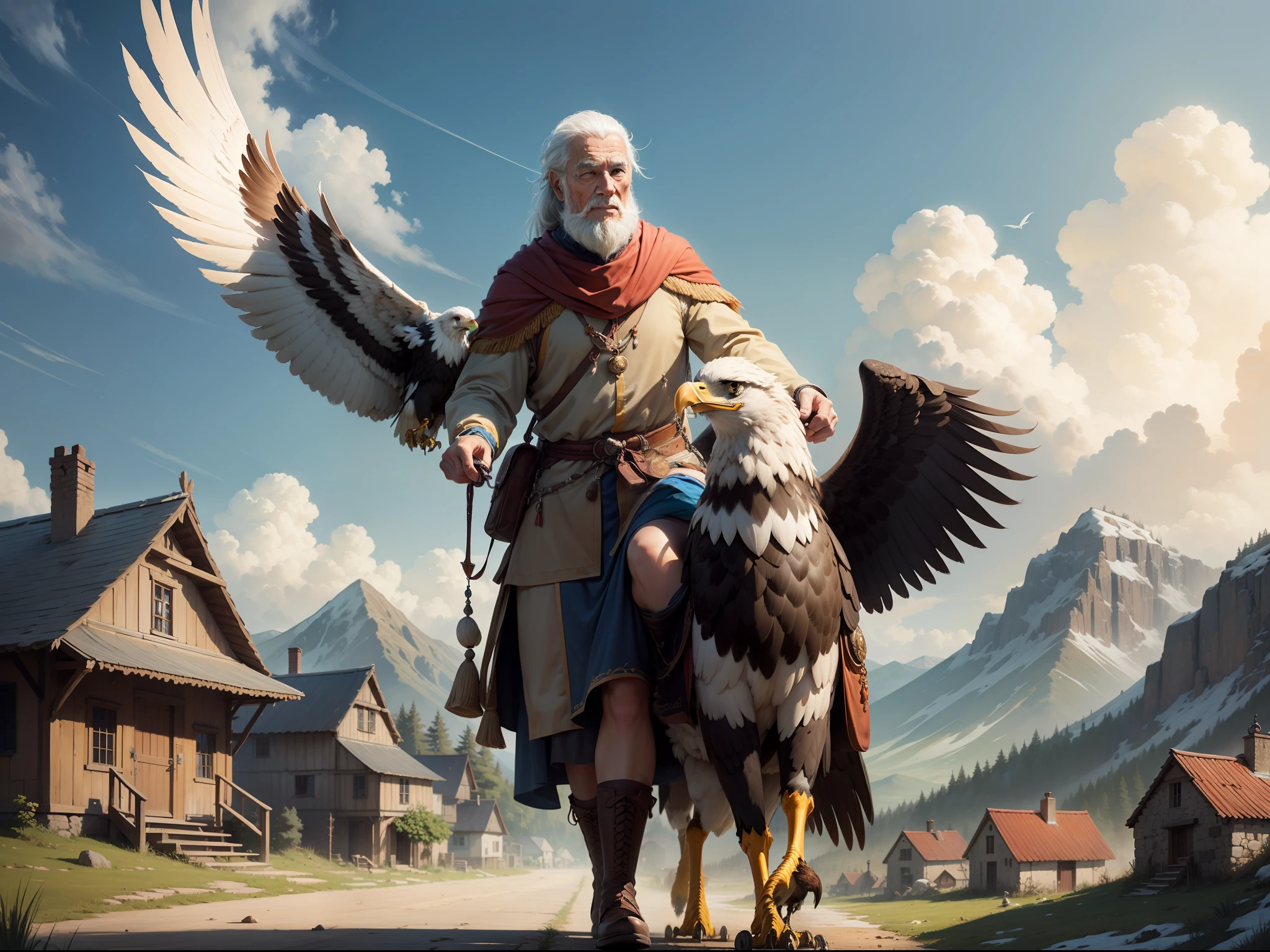 Wise wandering elder holding majestic and great eagle arriving in a small village