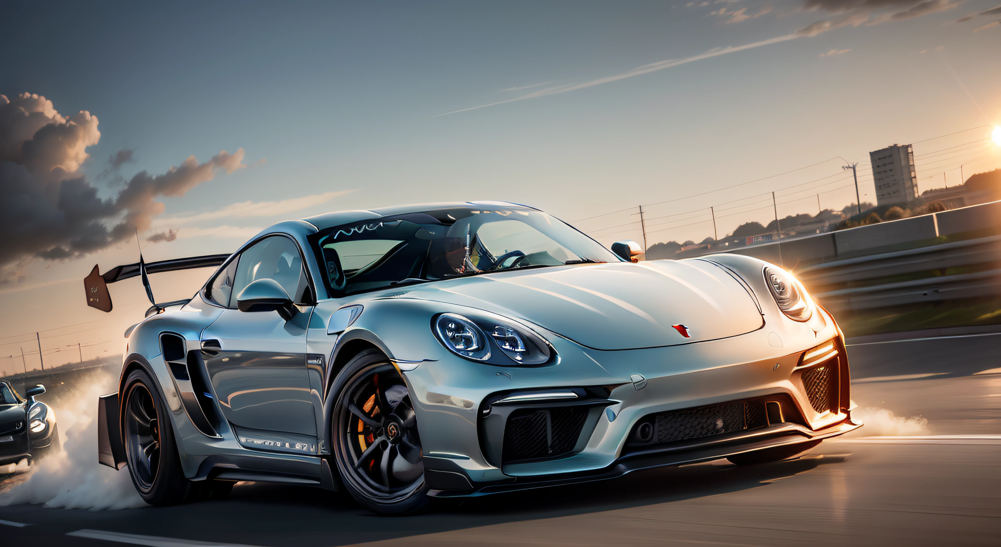 Automotive Photography of a Porsche drifting during sunset, its tires kicking up a cloud of smoke as it slides through a sharp turn. The golden rays of the setting sun cast a warm glow on the scene, creating a vibrant and dynamic atmosphere. Shot from a low angle, this image captures the power and precision of the Porsche's performance, as well as the skill of the driver controlling the drift. The photo showcases the sleek lines and aerodynamic design of the car, enhancing its visual appeal. --s 1000