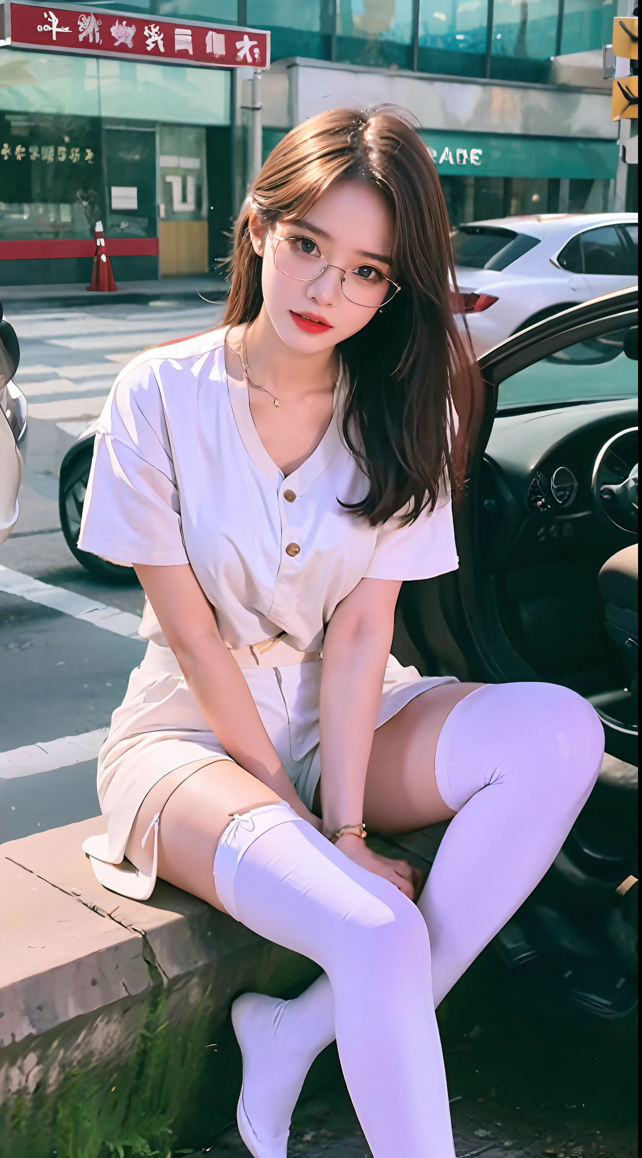 best qualtiy, (Full body like),Refined face,pretty face,(Forced reality films:2.0)23 years old woman,slimfigure,Smaller bust,Office wear,white stockings,Outdoor scene,(stand posture)wears glasses (Interact with the camera)