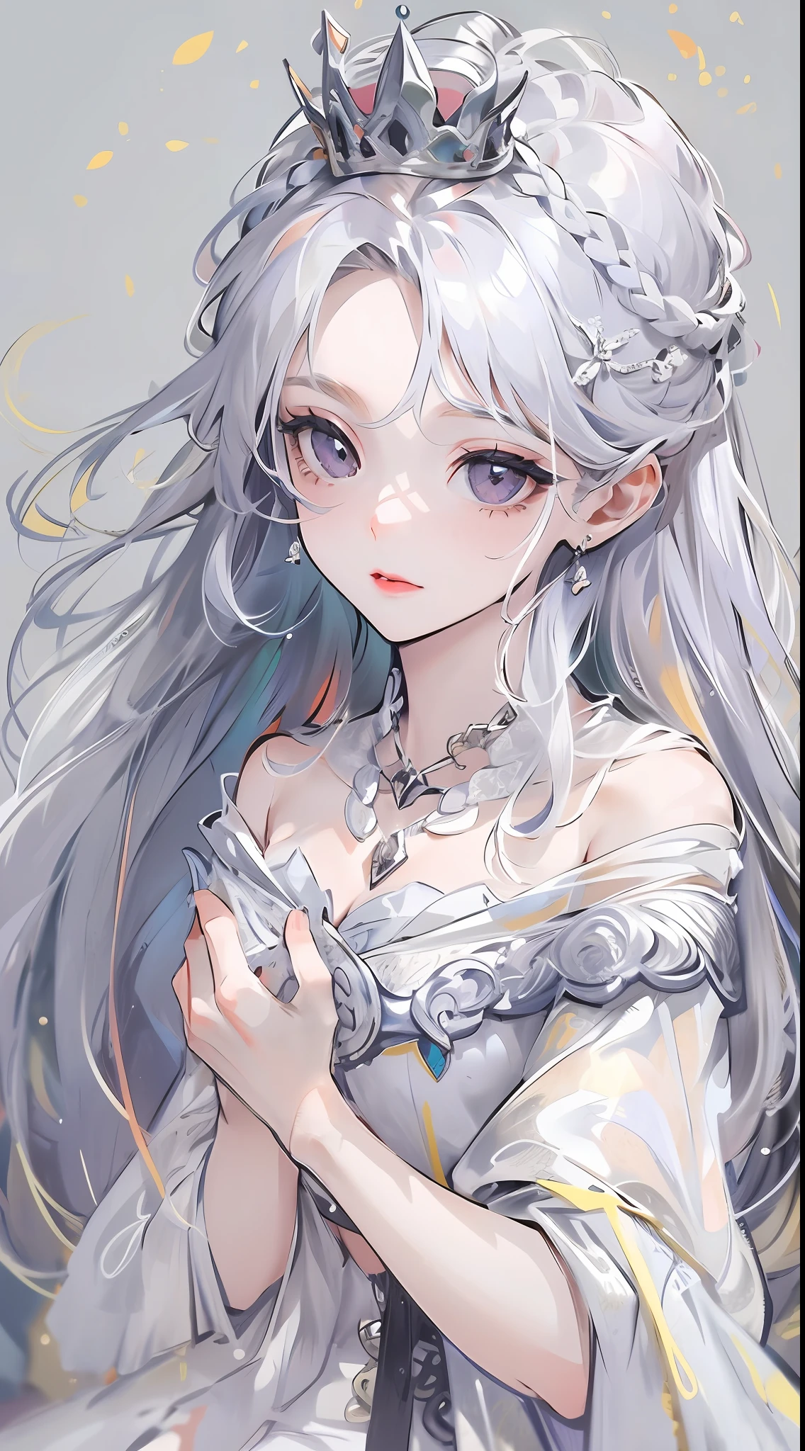 Best quality, highly detailed, masterpiece, ultra detailed, (reality: 1.2), 1 girl, (white background), simple background, delicate eyes, silver hair, purple eyes, hair_ornament, (white off-the-shoulder shirt: 1.3), long hair, pointy_ears, crown_braid, expressionless, straight hair, (++ sitting: 1.2), room,