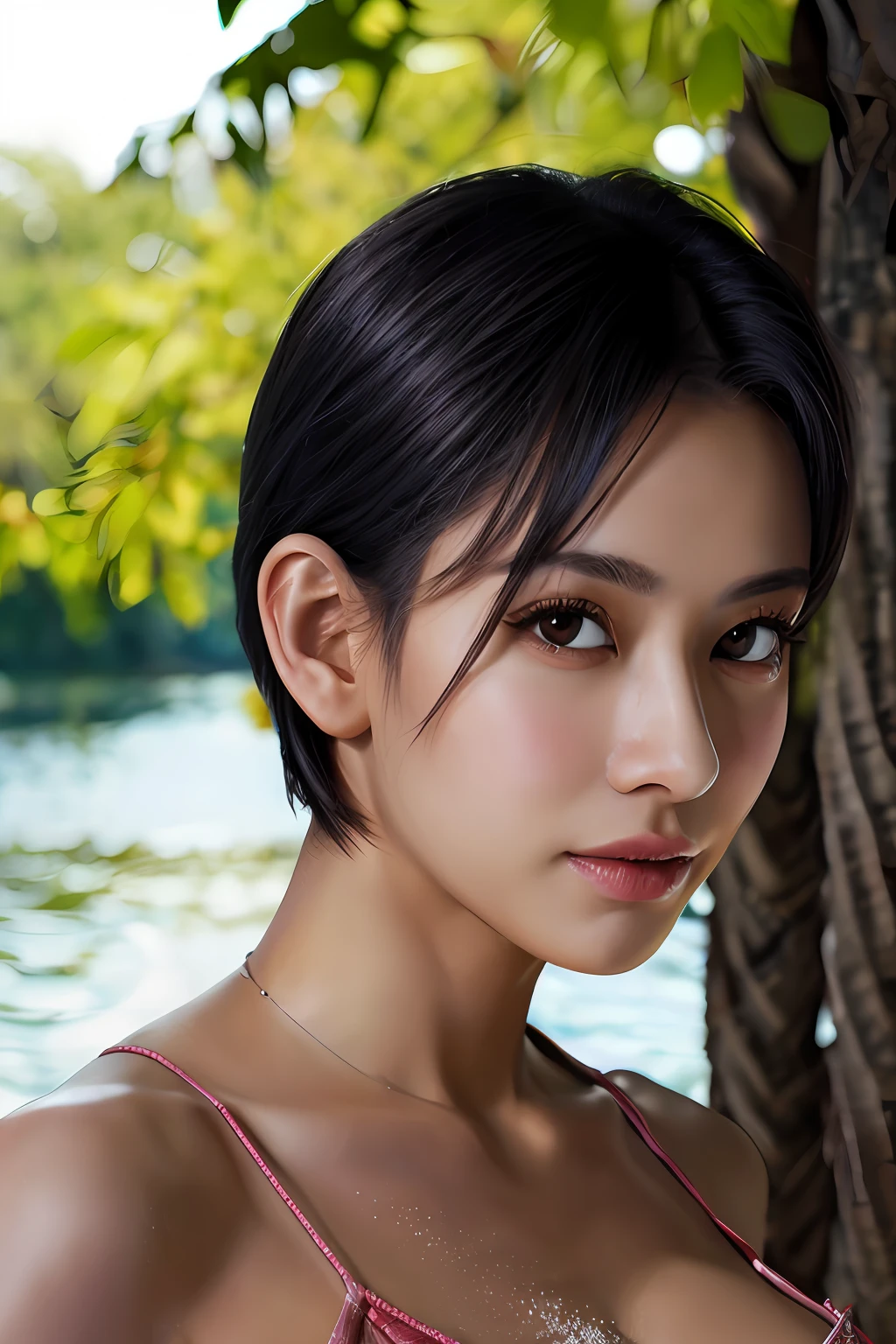 tmasterpiece,best qualtiy,hdr, hyper HD, 8K,Bokeh,Ultra-fine painting,Sharp focus,Physically-based rendering,Extreme detail description,closeup cleavage，a matural female，slimfigure，perfect bodies，Stylish short hair，Raised sexy，cinmatic lighting，softlighting，Early morning sun，Forest lake water，taking a shower，(EOS 5D, F1.2),