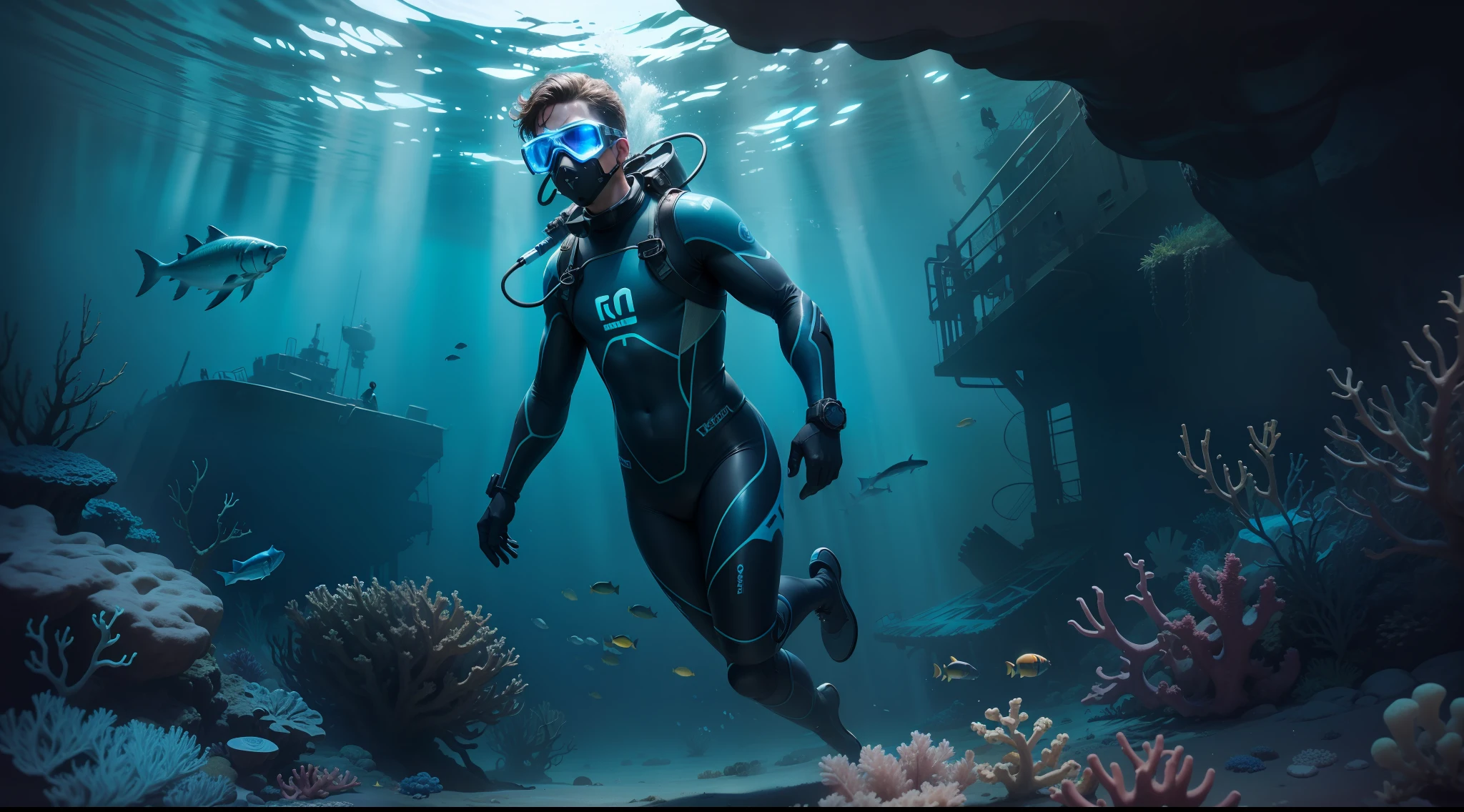 underwater, blue light, a diver with a wetsuit, a mask, a regulator, and a flashlight, exploring an old shipwreck, surrounded by schools of fish, coral reefs, and seaweed, 8k, realistic