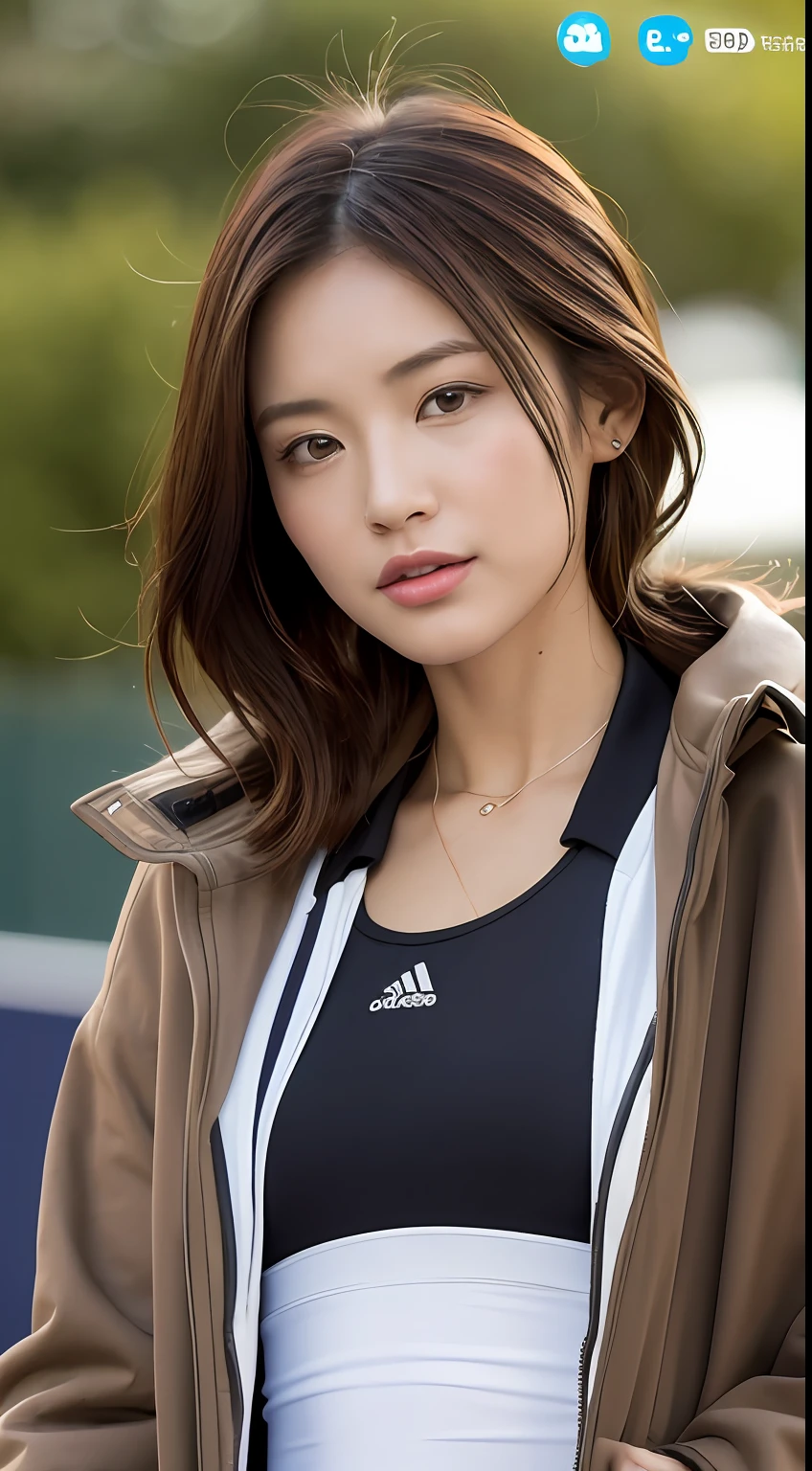 ((top-quality、8K、masterpiece:1.3))、foco nítido:1.2、Beautiful Women in Perfect Style:1.4、Slender Abs:1.2、((dark brown hair、small tits:1.2))、(((tennis coat)))、(((Tennis Wear)))、Highly detailed facial and skin texture、A detailed eye、二重まぶた、portlate