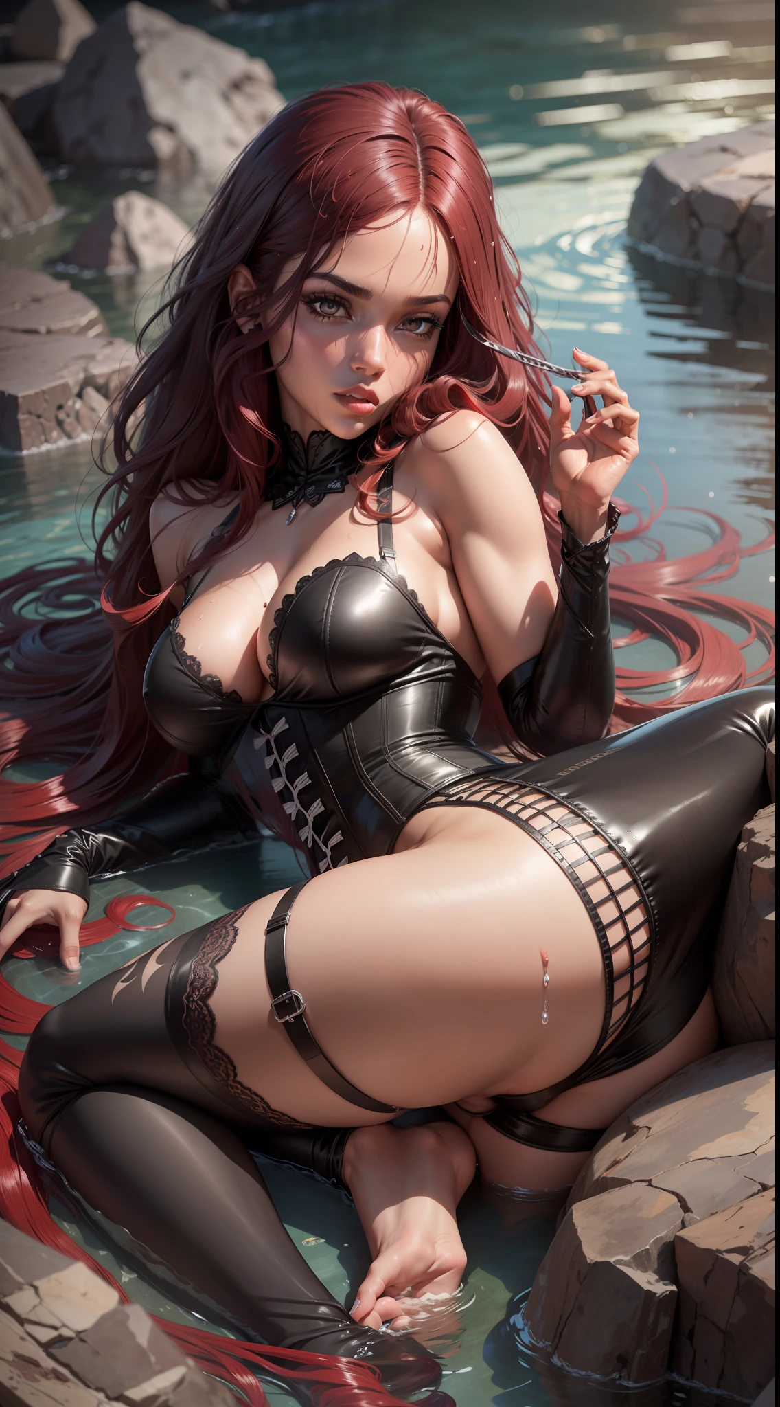 ultra realistic 4k tall black woman, 30s, ultra realistic 4k red corset, ultra realistic 4k lying down, ultra realistic 4k mid butt up, ultra realistic 4k long red hair, ultra realistic fully wet 4k black skin, silver eyes (ultra realistic) ,4k, quarry (ultra realistic), 4k
