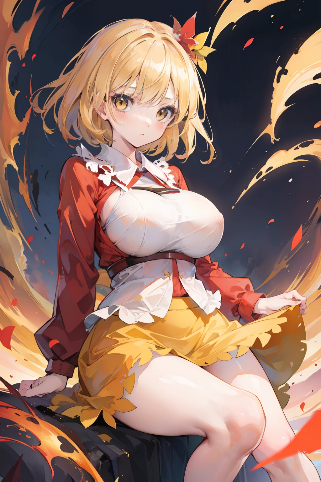 (masterpiece),best quality, expressive eyes, perfect face, 1girl,
big breast, H-cup, good breast, beautiful, gorgeous,anime,girl,lora, floating clothes,aki shizuha,1girl,aki shizuha, blonde hair, short hair, yellow eyes, leaf hair ornament,red shirt,skirt,long sleeves,curtain chest ,