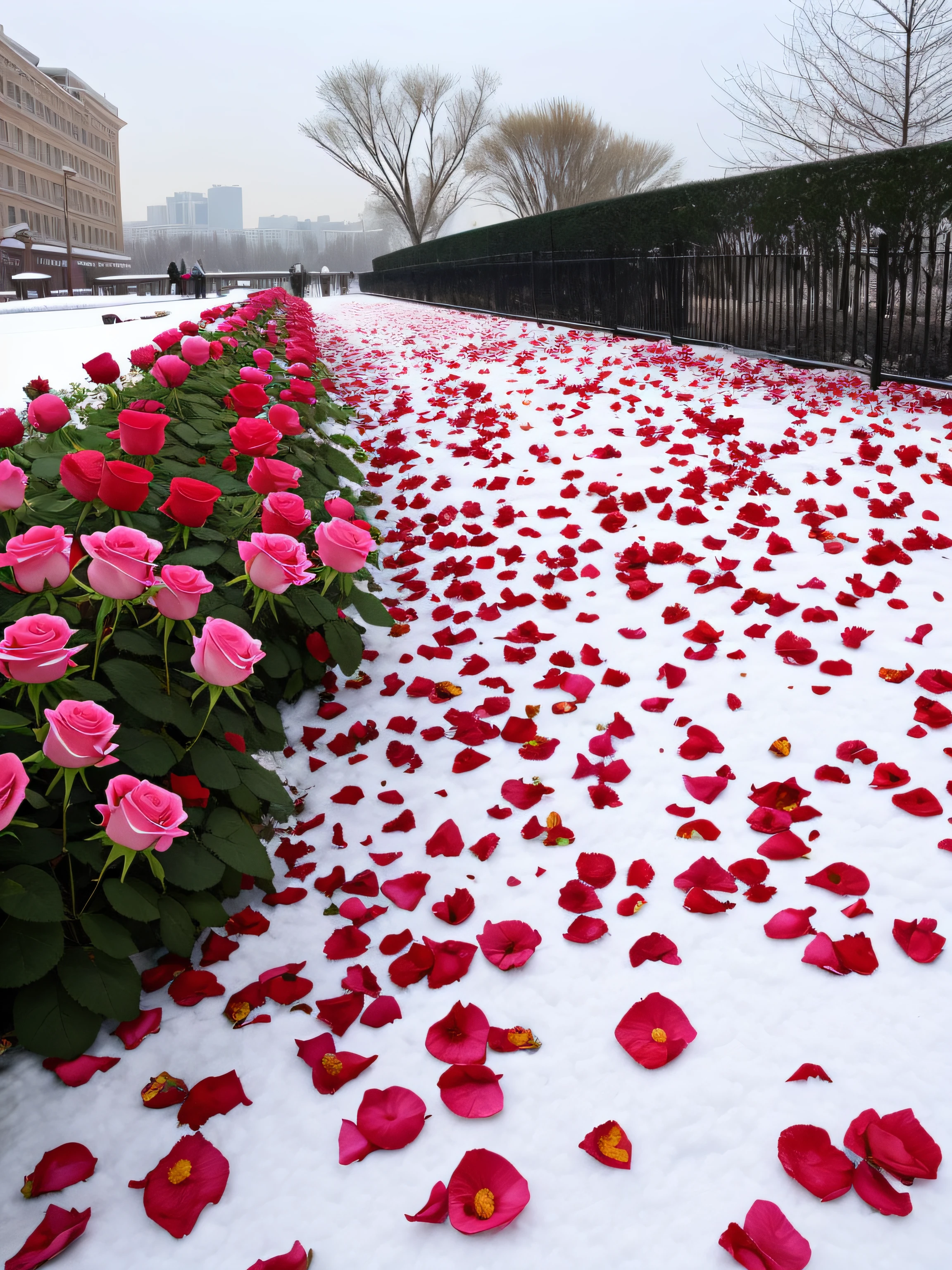 without humans,Roses are scattered on the ground of the park's snowfields, Everywhere petals are falling, with petals falling, beautiful aesthetic, Rose, Rose garden,rosette, Large rose petals, rose petals, Large rose petals, Unbelievably beautiful, shaxi, pink petals fly, Romantic, flower,