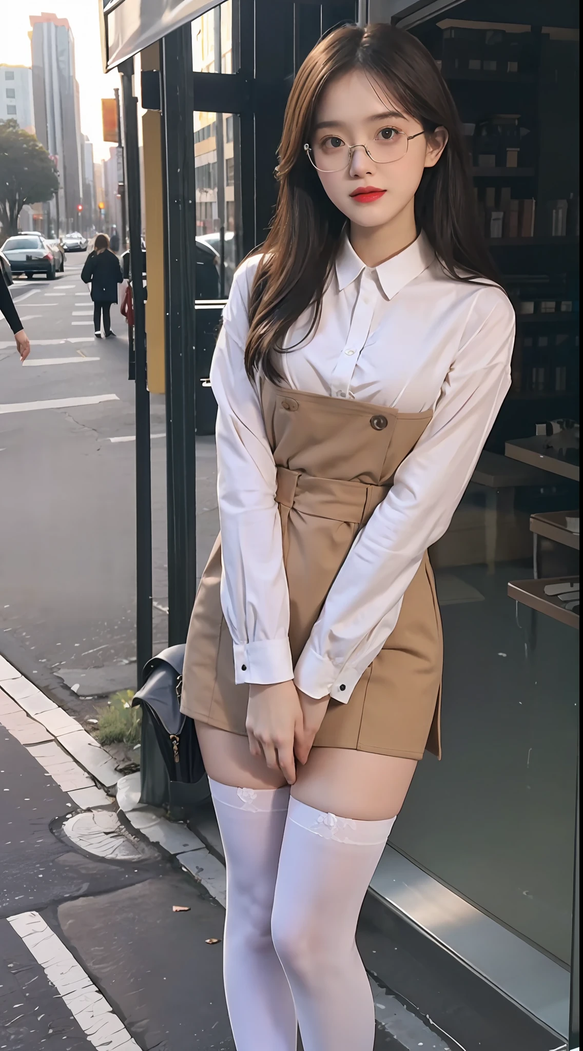 best qualtiy, （Full body like），Refined face，pretty  face，（Forced reality movies：2.0）23 years old woman，slimfigure，Smaller bust，Office wear，white stockings，Brown uniform outdoor scene，（stand posture）wears glasses （Interact with the camera）