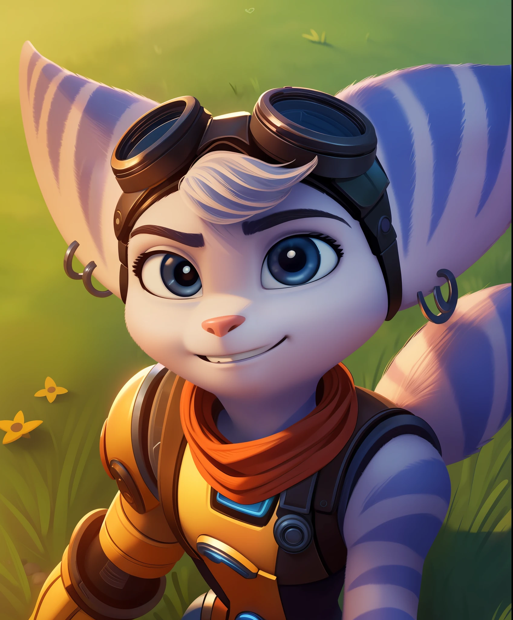 (by qupostuv35:1.2), female, (Detailed face), (solo:1.1), [(thin:1.1) : small petite : (rivet (ratchet and clank):1.2):4], earrings, goggles on head, bangs, mechanical arms, smile, lies on the grass,