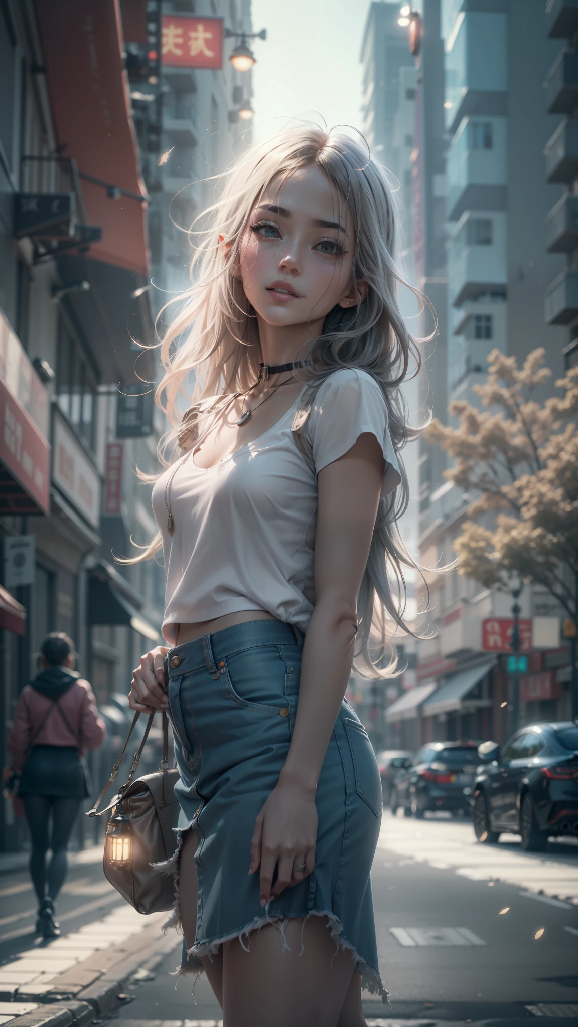 （（best qualtiy））， （（tmasterpiece））， （A detailed：1.4），（（full bodyesbian）），Enhanced dynamic perspective，beautiful sexy girl，夏天，Denim skirt，Come to me，Future sci-fi city street，Street photography，Bright colors，dream magical，optic，high qulity，super-fine，Detailed pubic hair，Accurate，Cinematic lighting，