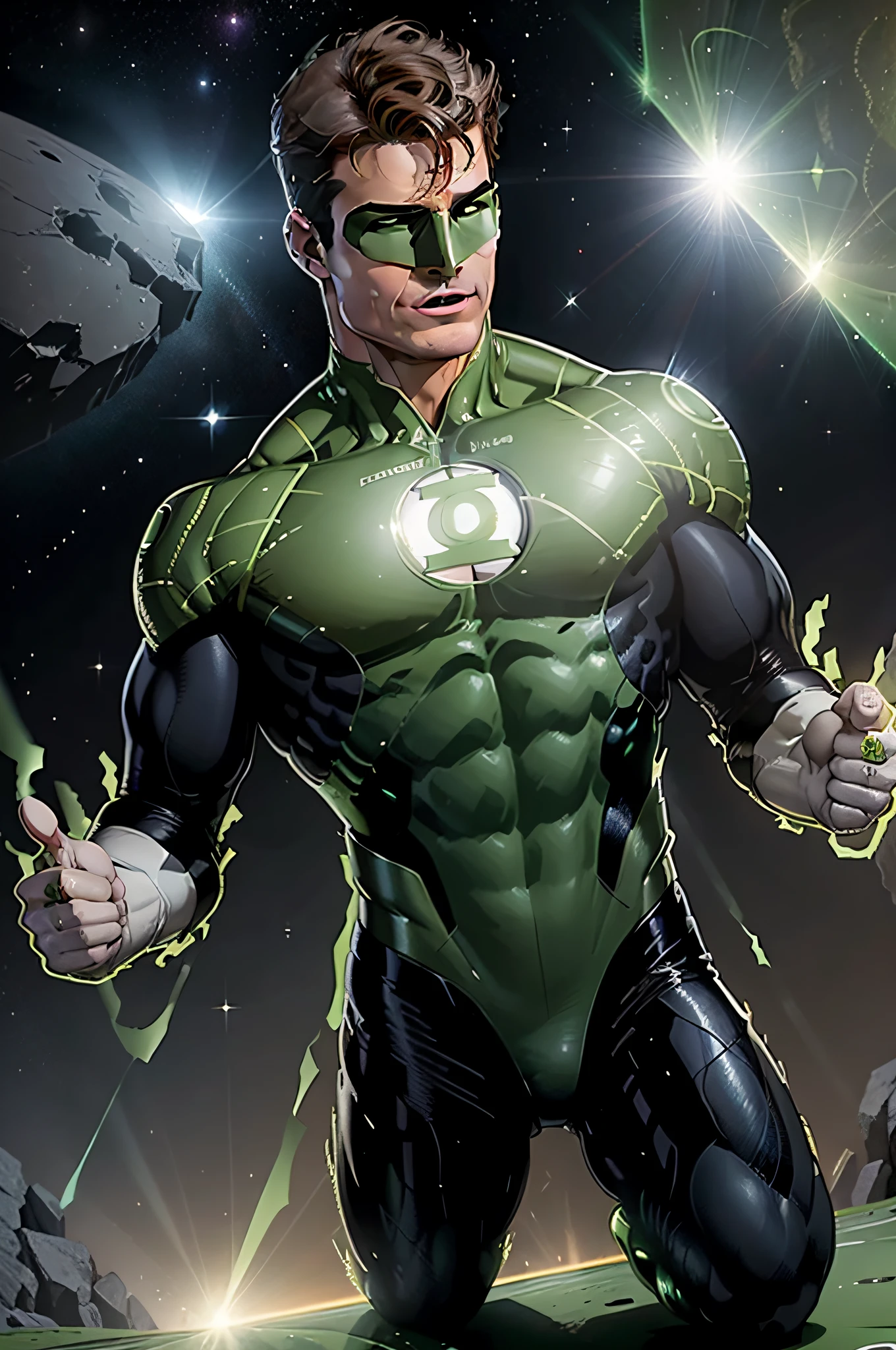 Create an illustration of Tom Cruise as Hal Jordan, o Lanterna Verde, com seu traje verde e anel de poder brilhando intensamente, In the middle of an asteroid field in outer space, showing your determination and courage.