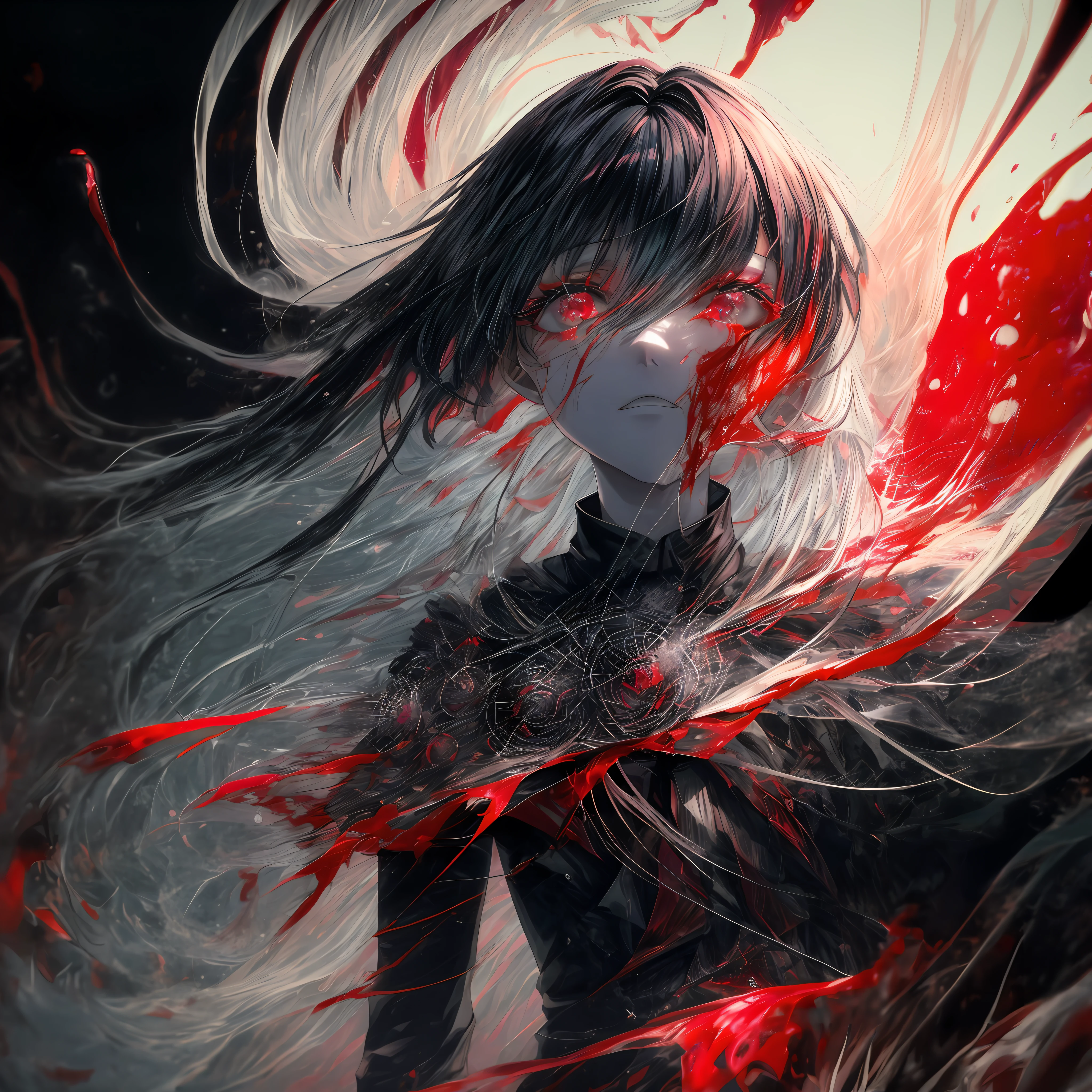 a closeup of a, big eyes, eyes, compound eyes, Unique students, Unusual pupils,Kaneki, Monochrome, Radioactive light, anime2018::1,  Red::1, Neon color::1,, Part 1.5, detaled face, ultra quality, Ultra Graphics,  Flowering 1.0, l vampire, depression, ultra realistis, Anime IRL,Anime boy, Dark Style, HDR, RTX, The body crumbles , Detailed Face,soft-lighting, makoto sinkai,Digital Painting,looking up at the camera",  8K, extra limbs,big dreamy eyes,blurry, Smooth soft skin, Cloned face, Symmetrical,neon liquid, leaks from the eyes,anime art,photo, Face cracking  , ......key: Red, blood from the eyes, Realistic, Realistic light, Realistic anime, realistic shadows, Liquid, dripping from a tree,depressive, Clouds, Sakura, spider lily , A detailed eye, eyes focus, Lashes, fluffy lower eyelashes:1.5, pale face, Very red eyes, gloomy atmosphere, Scary picture, woods, mist, Neon Red Liquid, flowing down from the trees, Dark atmosphere, The body crumbles, braids, Sateen, blood on the ground, fire, eye closeup,The Better Generation, Ultra Generation, Generation 3000, 2048×2048......, Face detailing, Detailing clothes, Symmetrical balance, Tokyo Ghoul, l vampire, Kaneki, Anime 2020, Water and sky, black hair,Detailed hair, Tokyo Ghoul, Kaneki, l vampire, Depressive art, depression, ennui, Sadness, cry, pain, Black smoke, Black Energy, Tentacles, Kagune, bloods, blood on the face, A sea of blood, fetters, barbed wire, fire, Wide-angle camera, lots of fine detail, spider lily, Sakura, Sweet, Scalopendra, Black background, Hole in the case, Dead Inside, Dead Art, lying on the grass, Manga style, comic style, Multiple frames, The body is destroyed, Manga page, Eyes are everywhere, Lots of eyes in the background, Drawing of Ishida sui, art of Ishida sui, in the style of Ishida sui, Two people, in full growth, depressive posture, Spider flowers