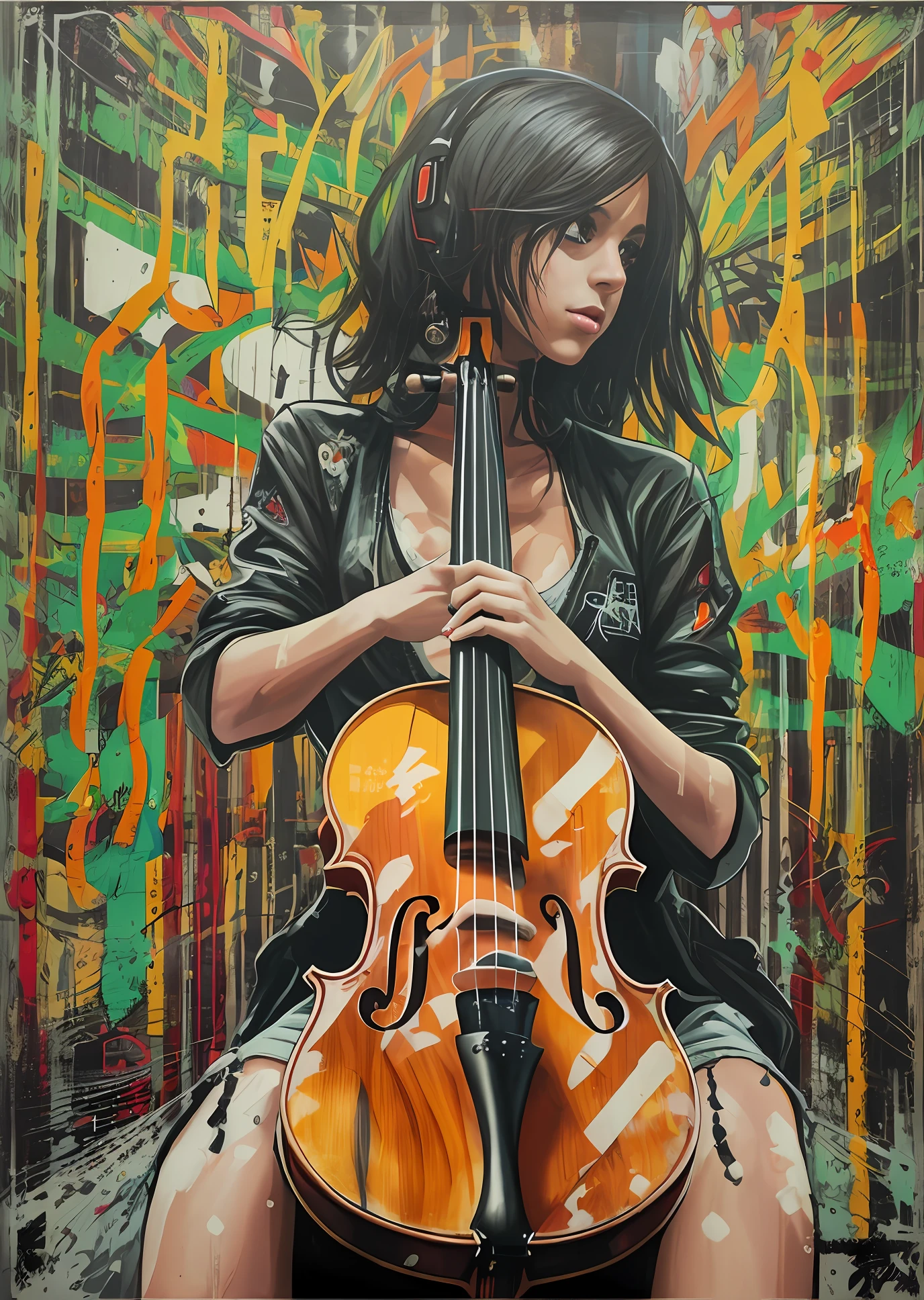 a painting of a woman playing a cello with graffiti on it, Polka poubelle, Art en vedette, Andrews Esao Artstyle, splashed with graffiti art, Style d’art heavy metal, Works of art of very high quality, Modern art style, Poster Art Style, Affiche musicale, Stunning art style, La musique, That's life, Epic 3D Abstract Emo Girl, McBess intense hypervif