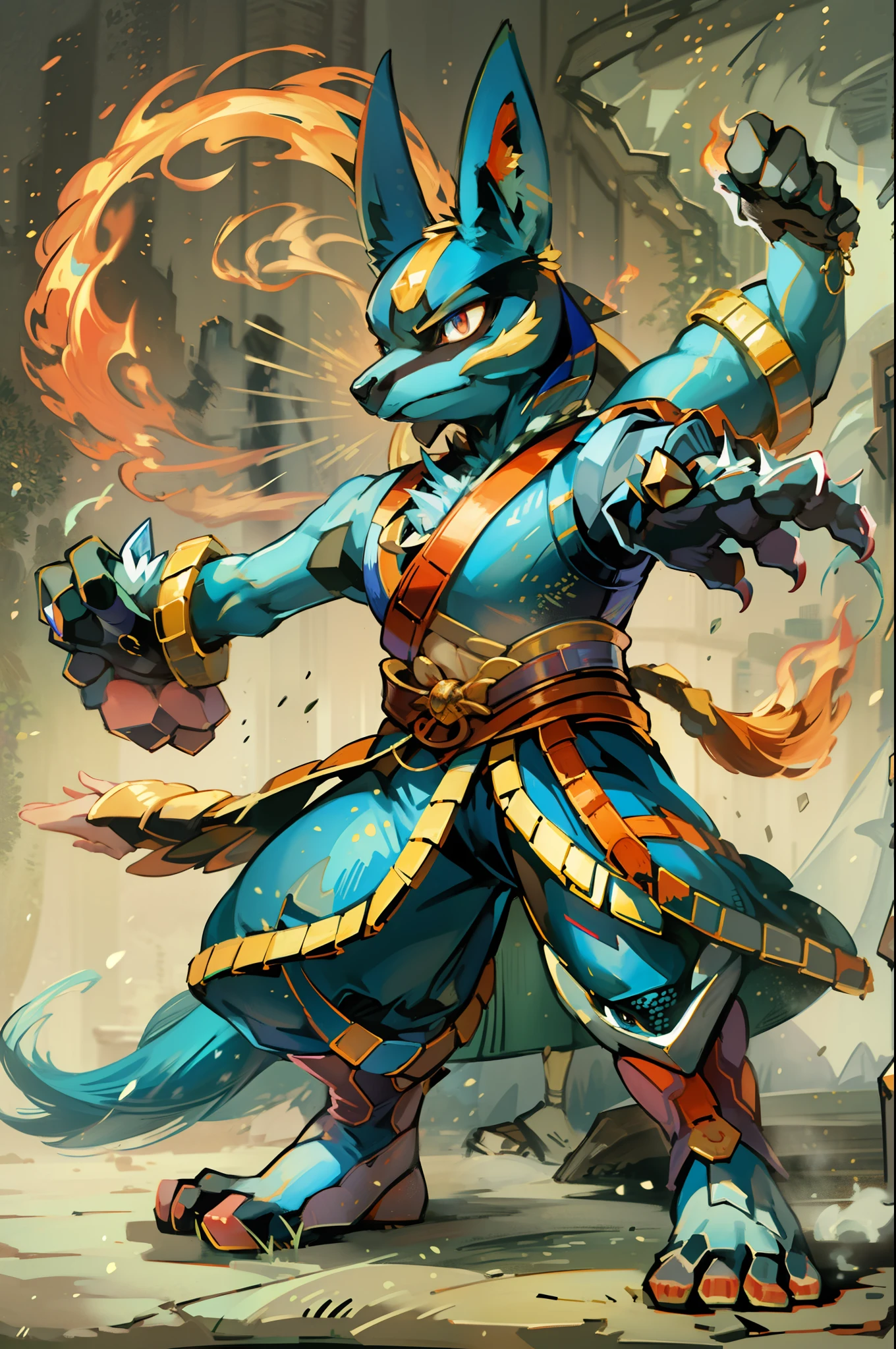 Nesta obra de arte deslumbrante, Lucario takes on an oriental version, inspirada na rica cultura da antiga China. The majestic figure of the Pokémon, com um toque de elementos chineses, It is the essence of the harmony between strength and wisdom. Lucario is portrayed in a confidence pose, mantendo uma aura tranquila e determinada, reflecting his connection to martial arts and the mastery of psychic powers. Suas cores suaves se destacam elegantemente, adding a subtle touch of mysticism to the composition. In your hand, Lucario segura uma esfera ardente de fogo, representing your ability as a Fighter and Fire type Pokémon. The flames dance around its claws, revealing his mastery over the element and the power he can summon. Ao fundo, an ancient land in China is deftly portrayed. Montanhas majestosas se erguem no horizonte, com seus picos envoltos em nuvens. The traditional setting conveys a sense of serenity and respect for the region's rich history. The design is perfect for t-shirts, for it captures the essence of Lucario in an Eastern interpretation, com elementos que refletem a cultura e a sabedoria da China antiga. It is an artistic representation that celebrates the union of strength and understanding, intrinsic characteristics of the charismatic Lucario.