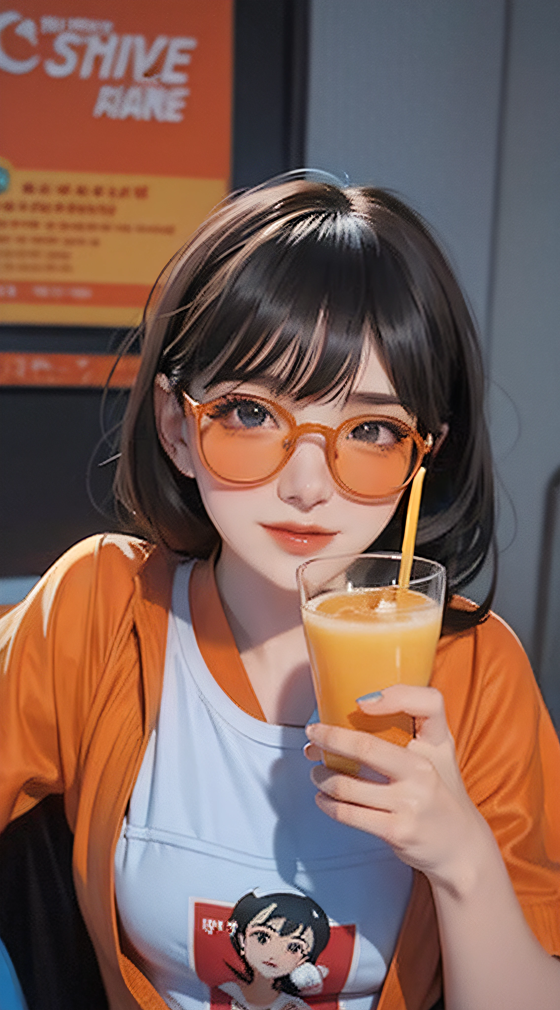 A woman drinking orange juice with glasses, anime girls drink Energy drink, Artgerm and Atey Ghailan, style of ilya kuvshinov, Ilya Kuvshinov style, Anime style illustration, style of ilya kuvshinov, beautiful drawing style, beautiful anime art style, art-style : Ilya Kuvshinov, stunning art style