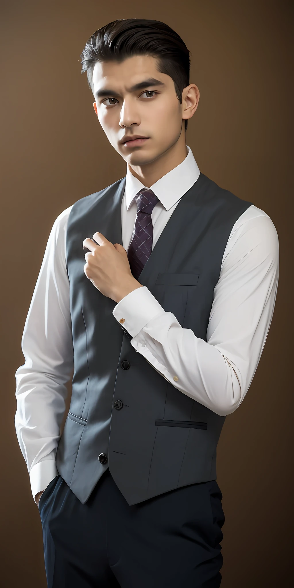 1人, Solo, Portrait of Habibnul Magomedov wearing a suit vest and tie, Beard, Serious, Details, Realistic, Photography, The background is blurred out, soft focus，（Medium shot:1.4）brown background