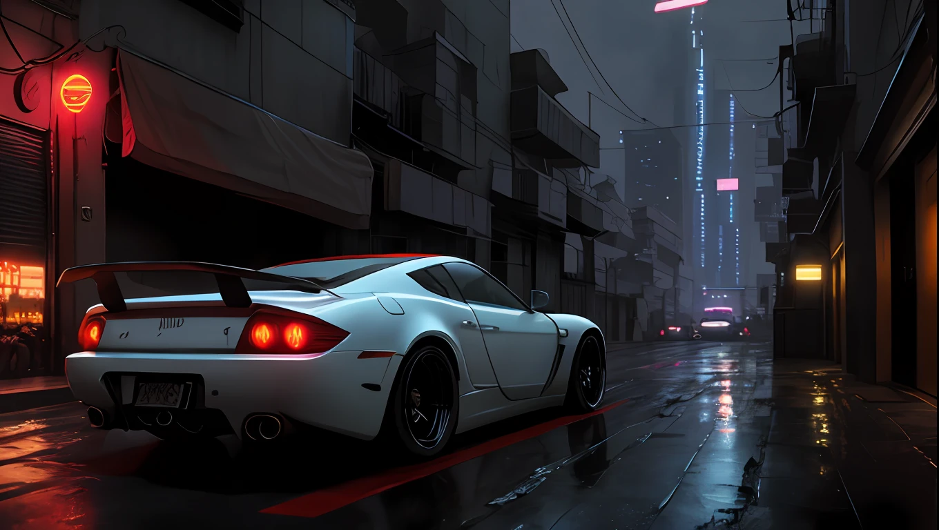 Cyberpunk-city，Rained，lamplight，Wagas，Sports car driving，salama，tall house