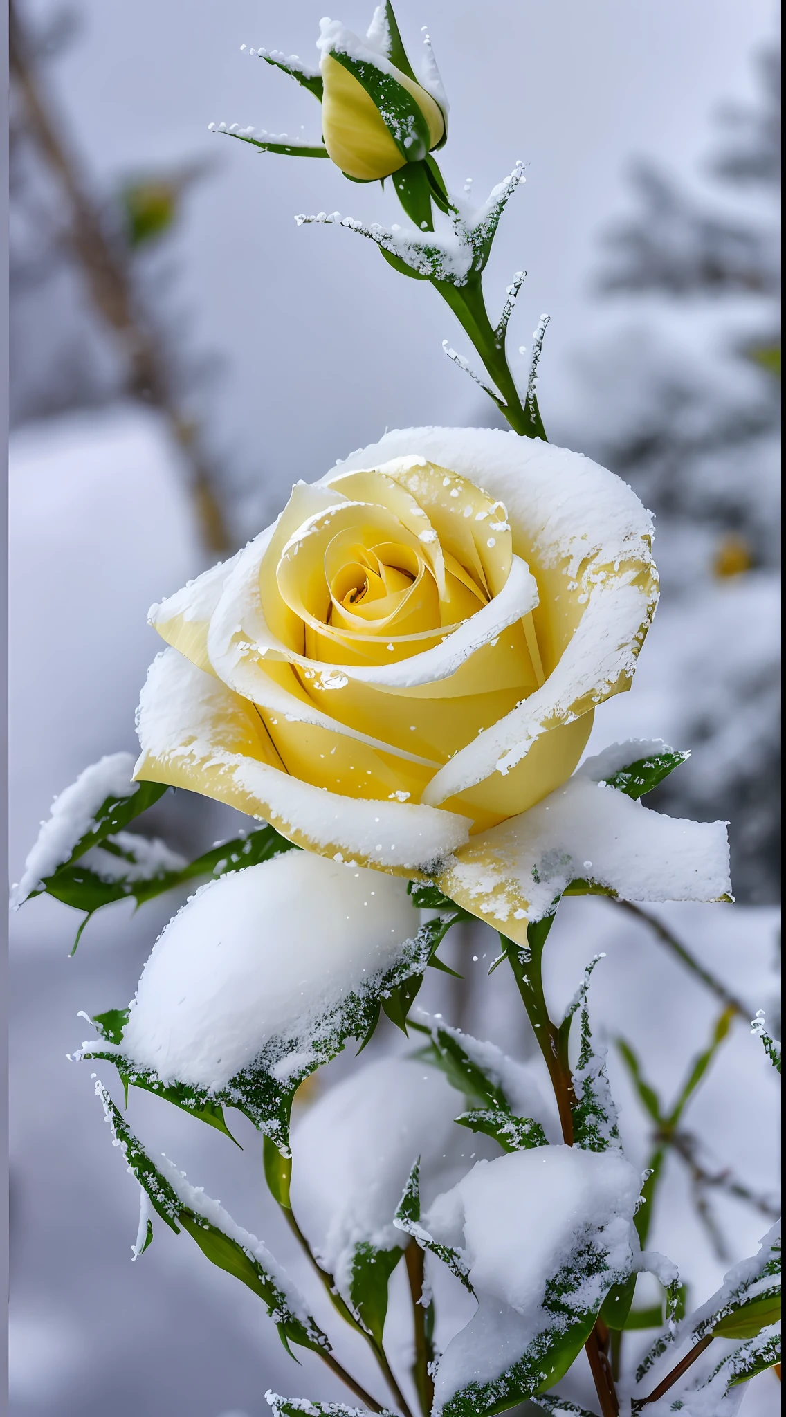 Yellow rose in the snow, Covered with snow, with frozen flowers around her, pale as the first snow of winter, Winter in the snow, Gentle snow, Still life with snow, Yellow rose, Cold but beautiful, Natural snowmelt in spring and winter, snow snow, during snowfall, Beautiful composition, in snow, In winter, cold snowy, In the snow