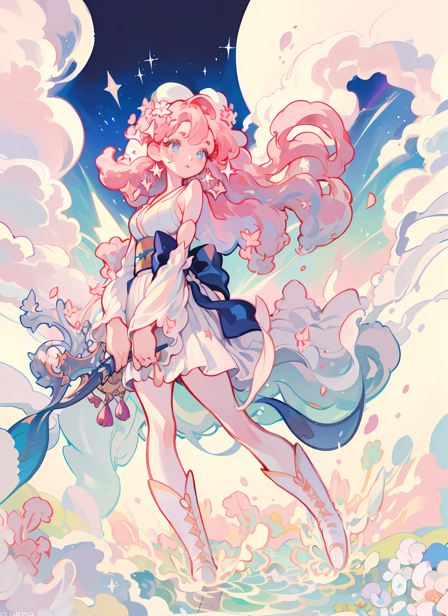 ((Magical Girl)), ((Gorgeous Starry Sky Background)), ((Super Detailed)), (Best Illustration), ((Cinematic Lighting)), Dynamic Angle, Floating, Fine, (Flash:1.2), (Sparkle:1.2), (Shine:1.2), Classic, (painting:1.1), (Sketch:1.1), (Best Quality), (Masterpiece:1.2), ( anime style), (solo), beautiful and delicate face, (cute face: 1.3), (big eyes: 1.3), colored hair, (long hair: 1.2), (flowing hair: 1.2), (magical girlhood), detail outfit, (sparkling wand: 1.3), (magic effect: 1.3), (flowing skirt: 1.2), (cute boots: 1.1), (transparent fabric: 1.1), (flash: 1.2), (glowing 1.2), (radiance: 1.2), (flash: 1.2), (flash: 1.2), (flash: 1.2), (dazzle: 1.2) (Very detailed 8k wallpaper) complex, high detail, dramatic, 8k, ((masterpiece, super detailed, complex detail, medium quality, illustration)), 1girl, solo, high resolution, street, cherry tree, petals falling, sunlight through), (extremely detailed CG, super fine, Best shadows: 1.1), ((Depth of field)), ((Watercolor)), (Kimono: 1.3), Big breasts, bare shoulders, flowers and petals, Beautiful concept illustration, (Illustration: 1.1), (Extreme beauty: 1.1), (Perfect detail: 1.1), --v 6