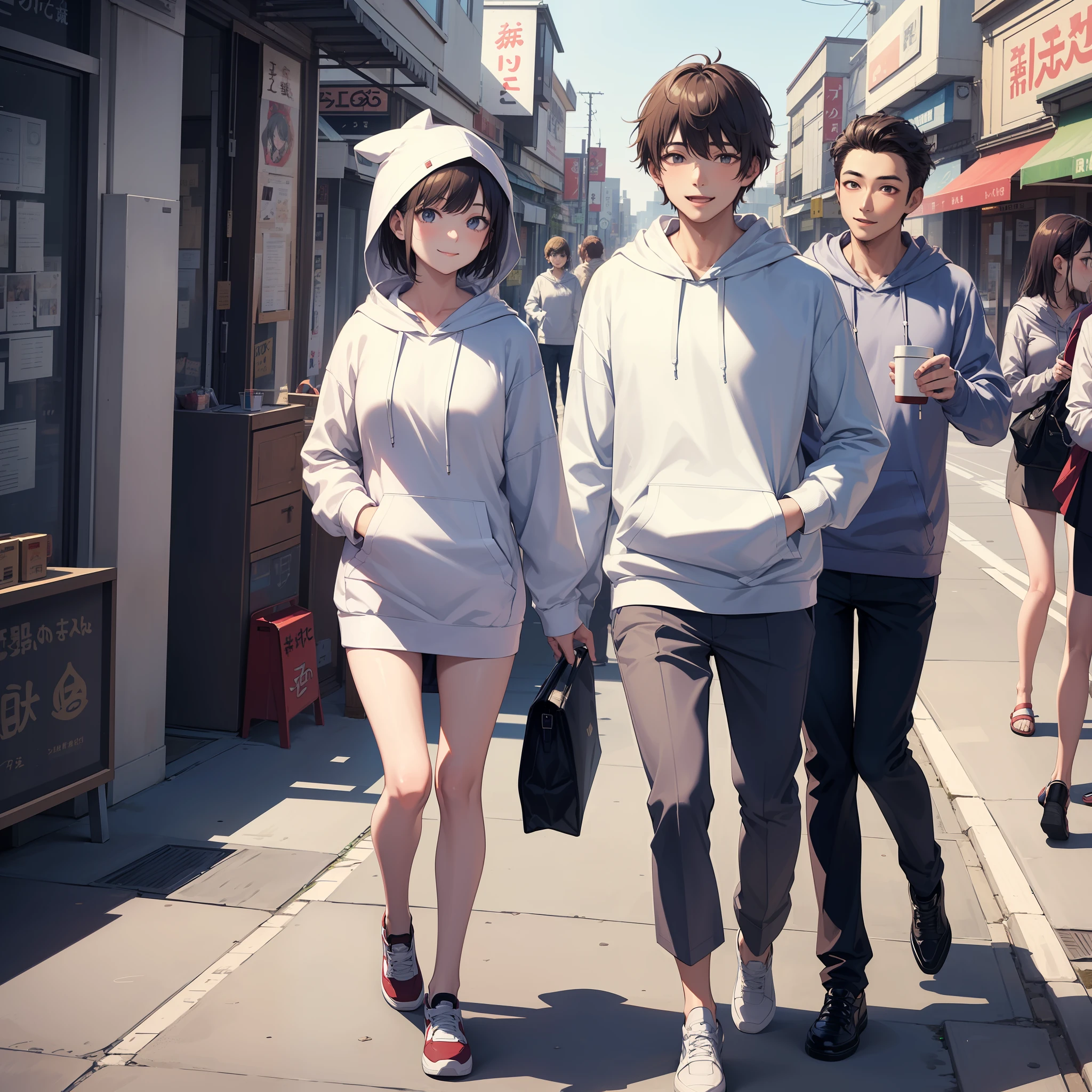 Top image quality、japanese male、((Wearing a white hoodie:1.3))、((JINS))、25-years old、a smile、short-hair、Walking around the city