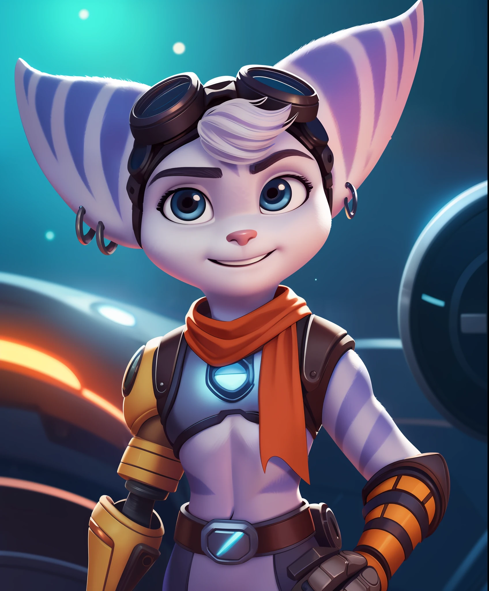 (by qupostuv35:1.2), female, (Detailed face), (solo:1.1), [(thin:1.1) : small petite : (rivet (ratchet and clank):1.2):4], earrings, goggles on head, bangs, mechanical arms, smile,