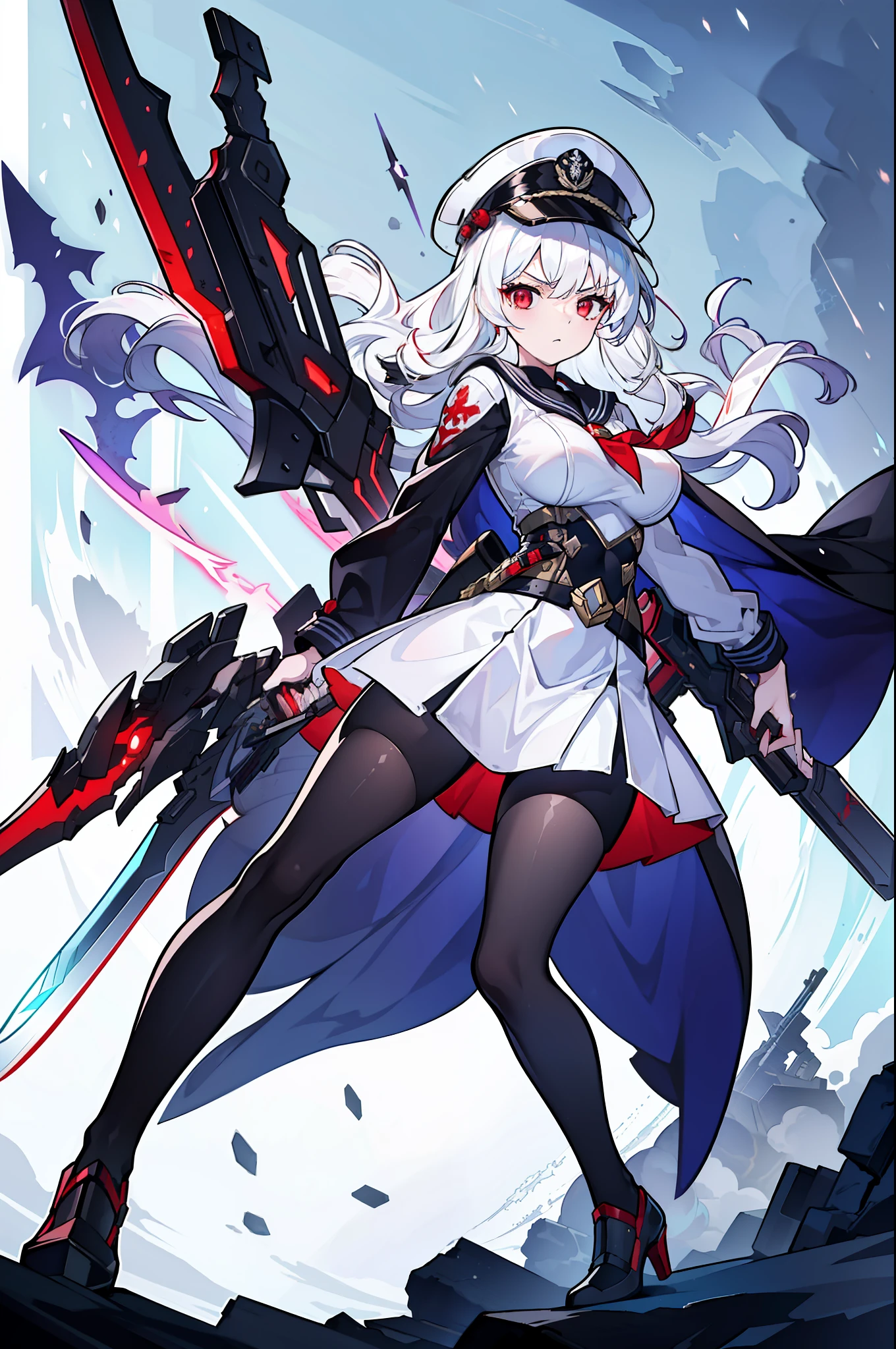 (masterpiece), best quality, expressive eyes, perfect face, 1girl, solo, medium height, young adult, young woman, big boobs, (long hair, white hair, side locks, bangs, wavy hair), (red eyes, death glare, serious, menacing, leadership aura, glowing eye), old timey sailor outfit, sailor outfit, white dress, long sleeves, white long sleeves, captain, strong young woman, medium height, heels, skirt, fighter, guard, (gunblade, gunsword, knife attached to gun, pistol with a blade, gun with blade attached), human, sailor hat, sailor cap, dark trims, (black cape, red underside of cape, accesories)