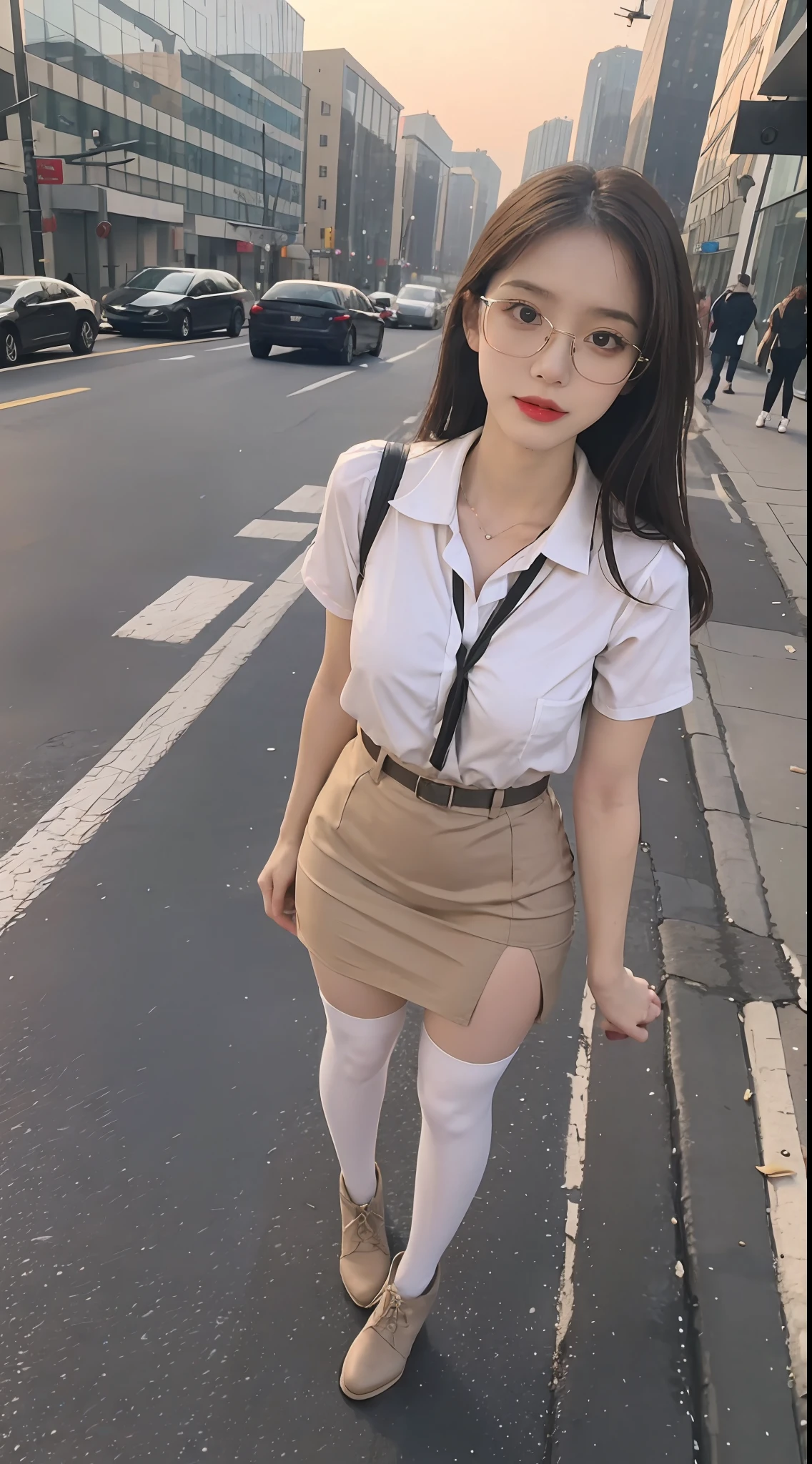 best qualtiy, （Full body like），Refined face，pretty  face，（Forced reality movies：2.0）23 years old woman，slimfigure，Smaller bust，Office wear，white stockings，Brown uniform outdoor scene，（stand posture）wears glasses （Interact with the camera）
