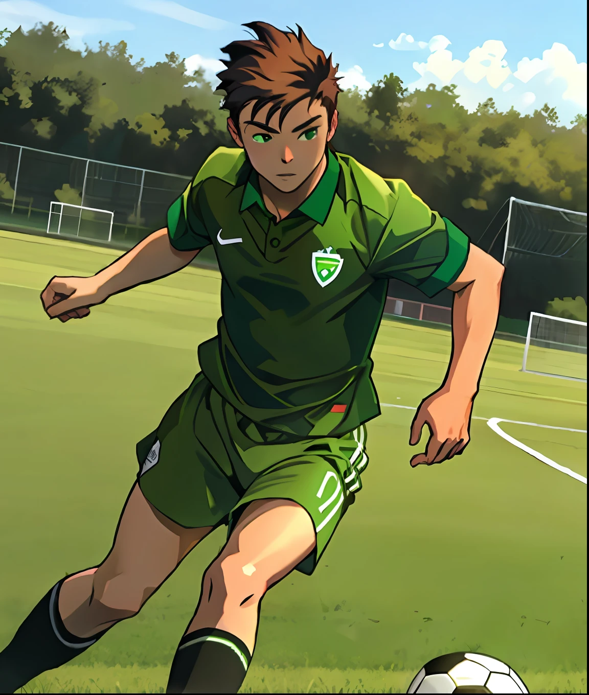 (1man:0.8, playing soccer:1.2, field, wearing green shirt)