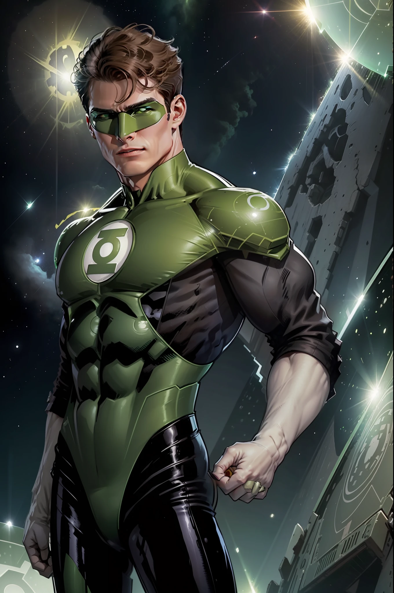 Create an illustration of Tom Cruise as Hal Jordan, o Lanterna Verde, com seu traje verde e anel de poder brilhando intensamente, In the middle of an asteroid field in outer space, showing your determination and courage.