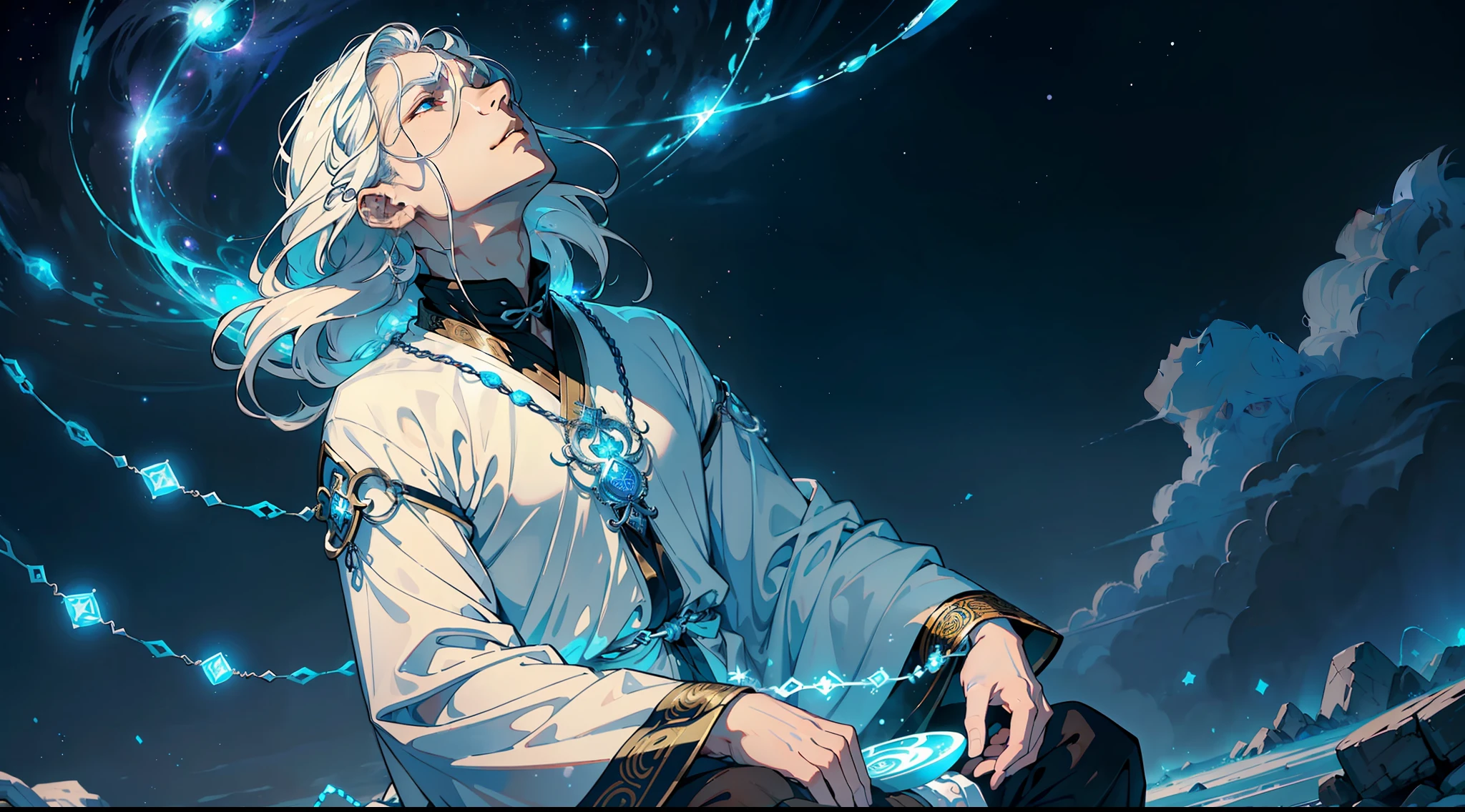 An ethereal-looking man, Flowing white hair, Chained in the center of a mysterious formation,hight "Immortal Sealing Array". He sat cross-legged,(Look up at the sky:1.5), (fantasy:1.2), (Ancient legends:1.3), (Exquisite chain detailing:1.2), (Gentle white hair:1.1), (Serene expression:1.2), (There is a subtle glow around the array:1.1), (Intricate patterns on the ground:1.2), (The aura emanating from the man:1.2), (Eastern mysticism:1.3), (Inspired by Taoist philosophy:1.2).