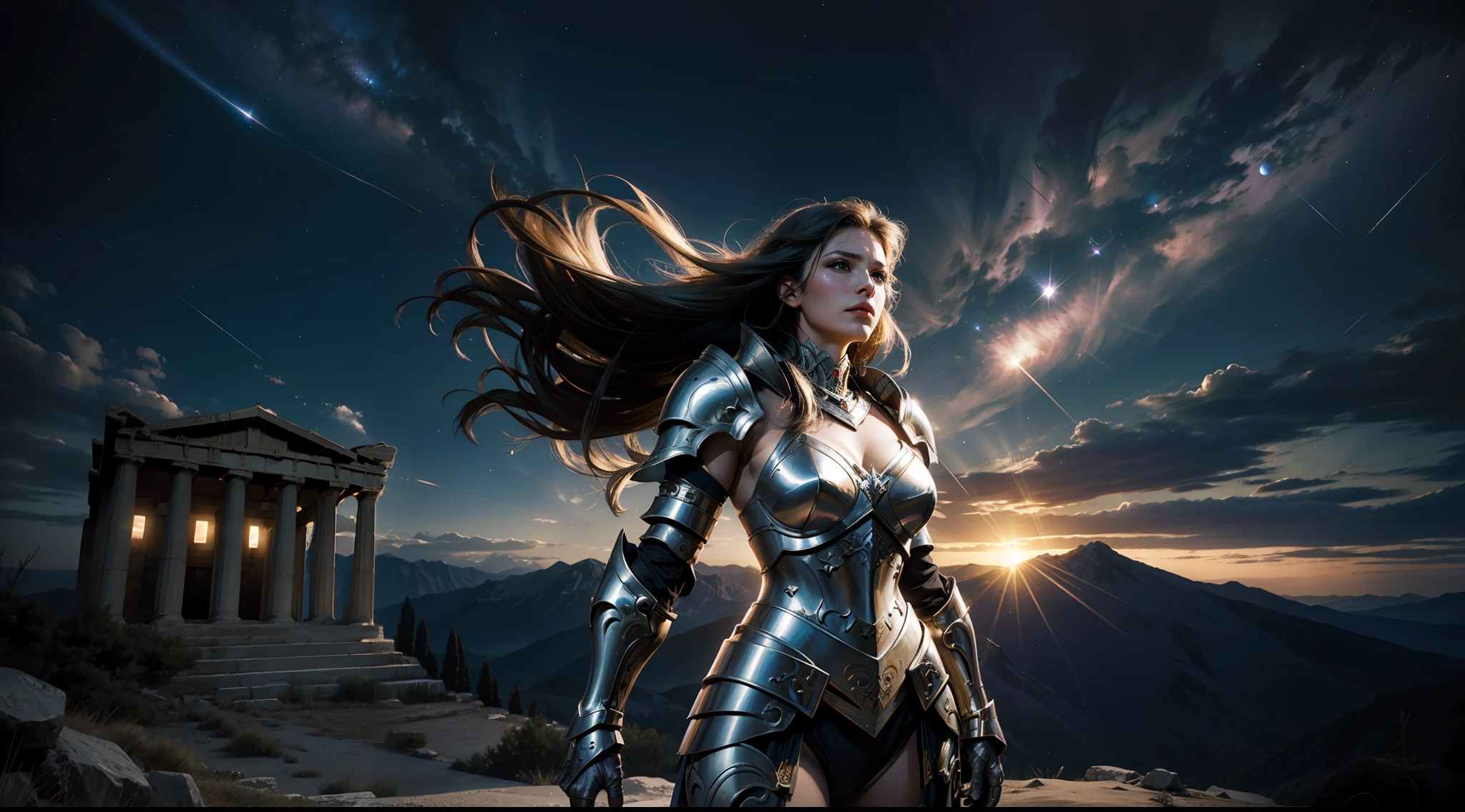 greek temple,Mature woman,Heavy armor,dynamicposes,dramatics,A high resolution,photorealestic,best qualityer,Starcloud,galactic,magia