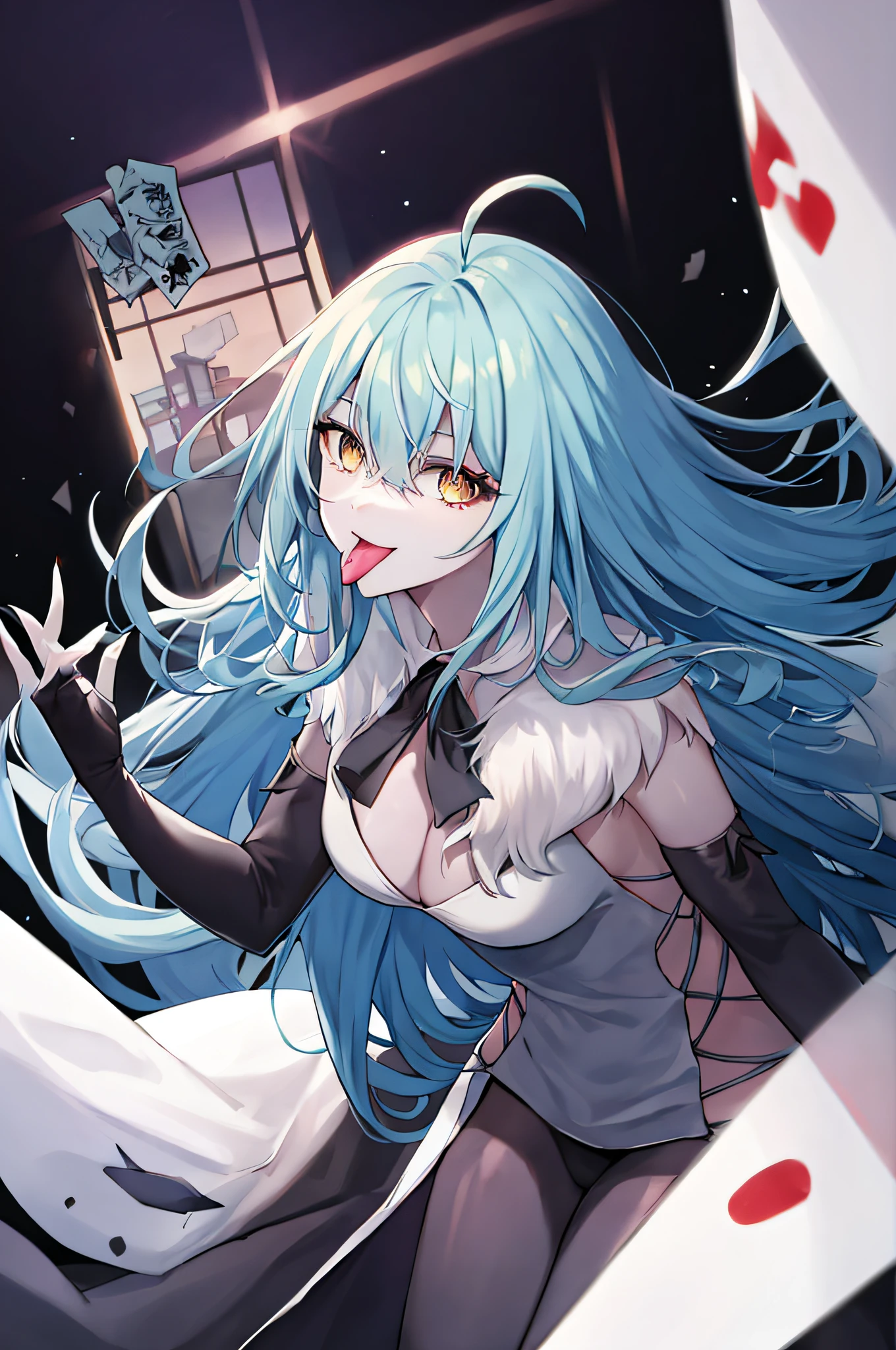 JiangshiT, yellow eyes, tongue out, colored skin, zombie pose, black sclera, ofuda, long fingernails, VivyA, 1girl