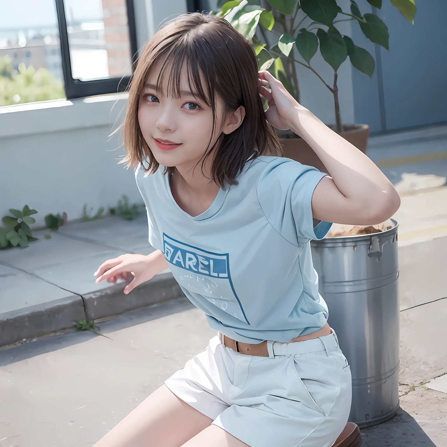 Highest Quality, Ultra High Resolution, light  leaks, Dynamic lighting, Slim and smooth skin, (Light blue T-shirt:1.3), (white short pants:1.3)(Soft Saturation: 1.6), (Fair skin: 1.2), (Glossy skin: 1.1), Oiled skin, 22 years old, Night, Glossy short bob, Well-formed, Hair fluttering in the wind, Close-up shot of face only, Physically Based Rendering, A big smile