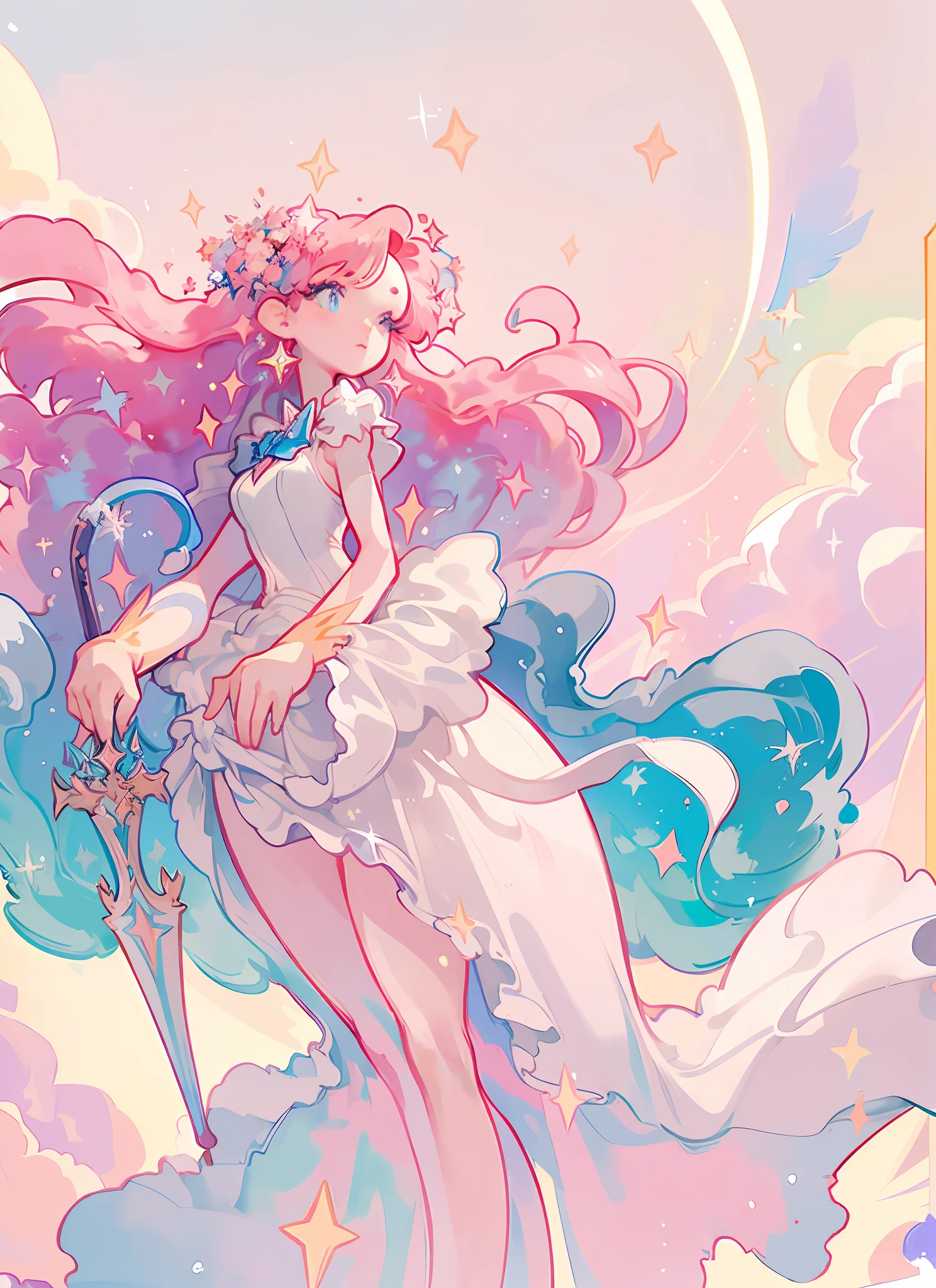 ((Magical Girl)), ((Gorgeous Starry Sky Background)), ((Super Detailed)), (Best Illustration), ((Cinematic Lighting)), Dynamic Angle, Floating, Fine, (Flash:1.2), (Sparkle:1.2), (Shine:1.2), Classic, (painting:1.1), (Sketch:1.1), (Best Quality), (Masterpiece:1.2), ( anime style), (solo), beautiful and delicate face, (cute face: 1.3), (big eyes: 1.3), colored hair, (long hair: 1.2), (flowing hair: 1.2), (magical girlhood), detail outfit, (magic effect: 1.3), (flowing skirt: 1.2), (glowing 1.2), (radiance: 1.2), (dazzle: 1.2) (Very detailed 8k wallpaper) complex, high detail, dramatic, 8k, ((masterpiece, super detailed, complex detail, medium quality, illustration)), 1girl, solo, high resolution, (extremely detailed CG, super fine, Best shadows: 1.1), ((Depth of field)), ((Watercolor)), (ballgown: 1.3), flowers and petals, Beautiful concept illustration, (Illustration: 1.1), (Extreme beauty: 1.1), (Perfect detail: 1.1), --v 6