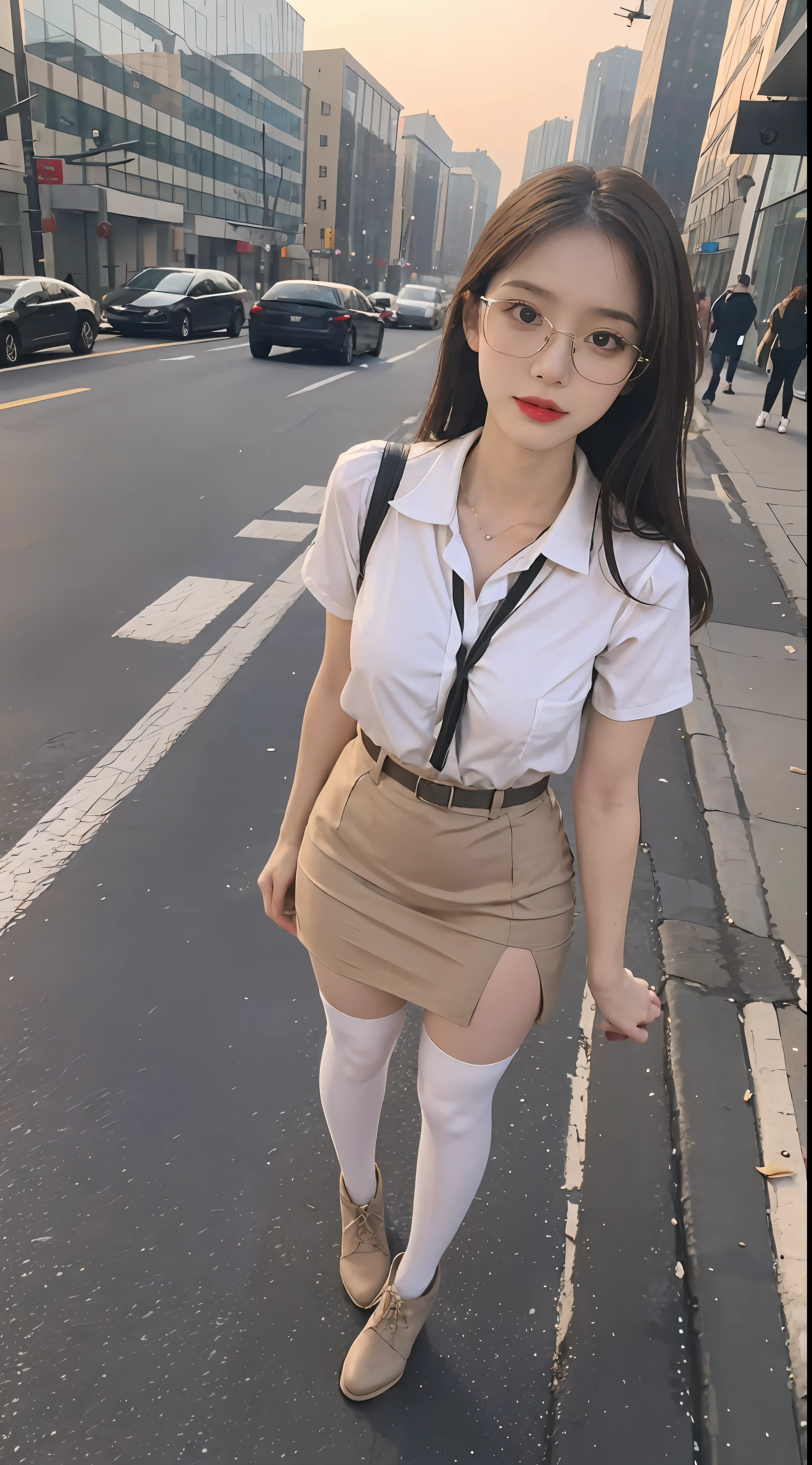 best qualtiy, （Full body like），Refined face，pretty  face，（Forced reality movies：2.0）23 years old woman，slimfigure，Smaller bust，Office wear，white stockings，Brown uniform outdoor scene，（stand posture）wears glasses （Interact with the camera）
